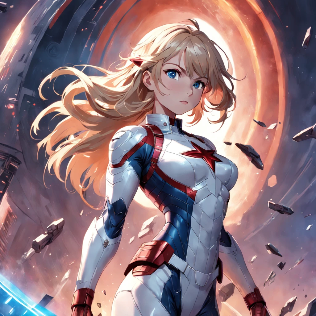A realistic depiction of an advanced cyber suit-wearing white female captain america