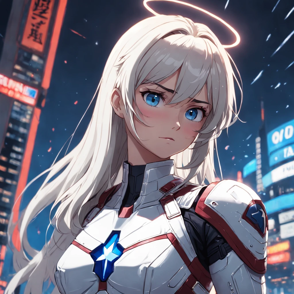 A realistic depiction of an advanced cyber suit-wearing white female captain america