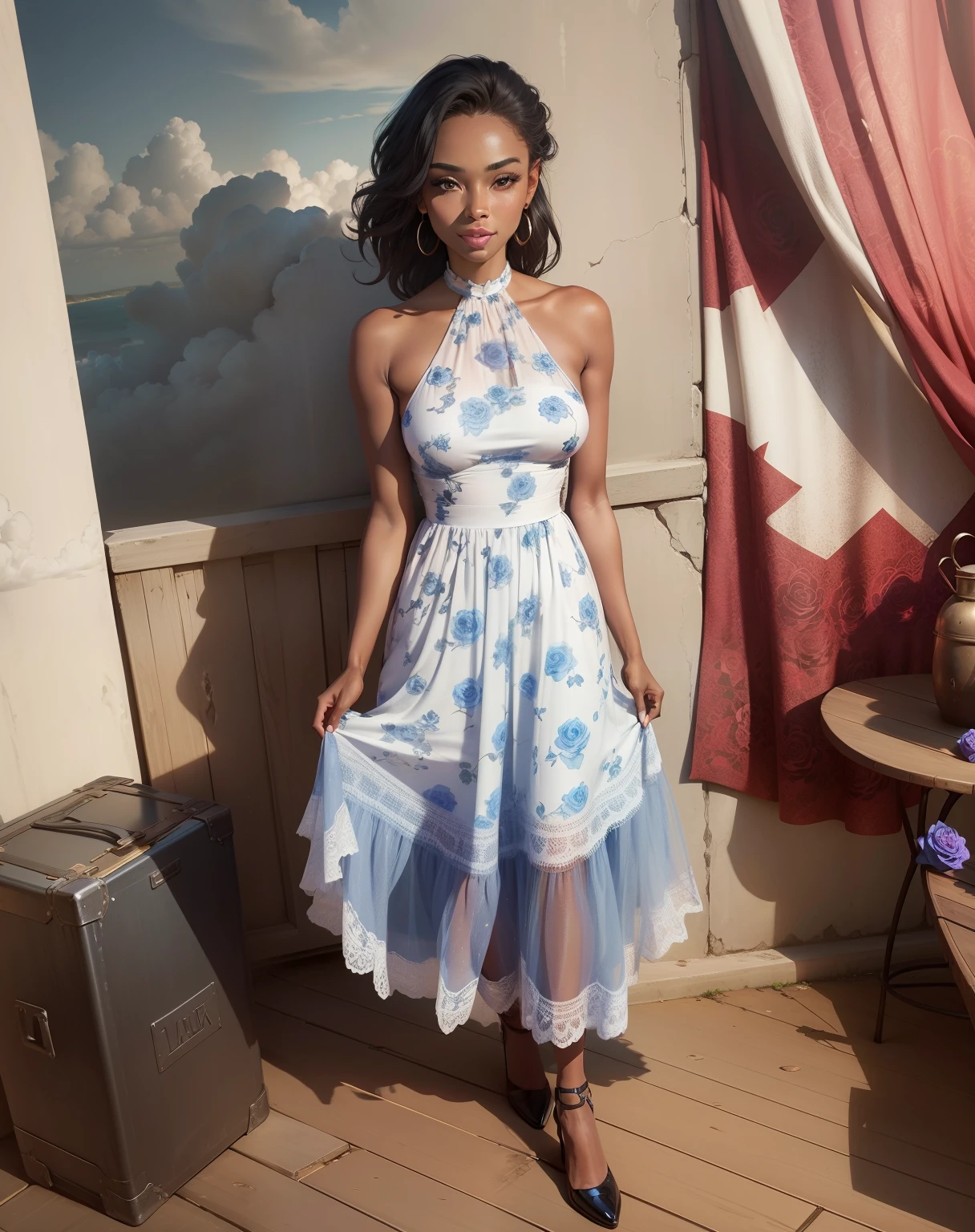 Lex a Beautiful woman, happy, fun, full of life, wearing a black summer dress with a pink rose pattern, thin, petite, small breasts, medium dark skin, 64k resolution photorealistic hyperdetailed in a background of fluffy clouds and sunny blue skies.