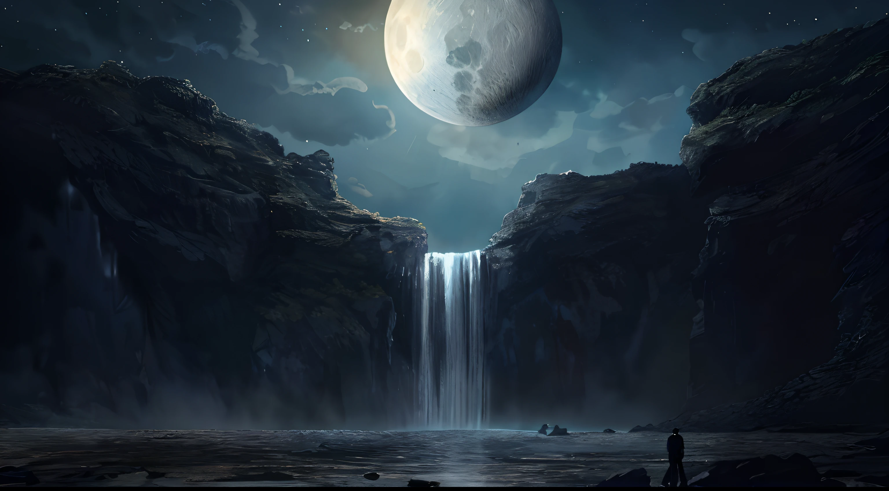 There was a man standing in front of the waterfall in the middle of the night, alien waterfall, 4K HD wallpapers very detailed, surreal tears from the moon, 4k highly detailed digital art, Sci-fi fantasy desktop wallpaper, amazing wallpapers, 8K HD wallpaper digital art, wallpaper hd, Sci-fi fantasy wallpaper, wallpaper 4 k, Wallpaper 4k