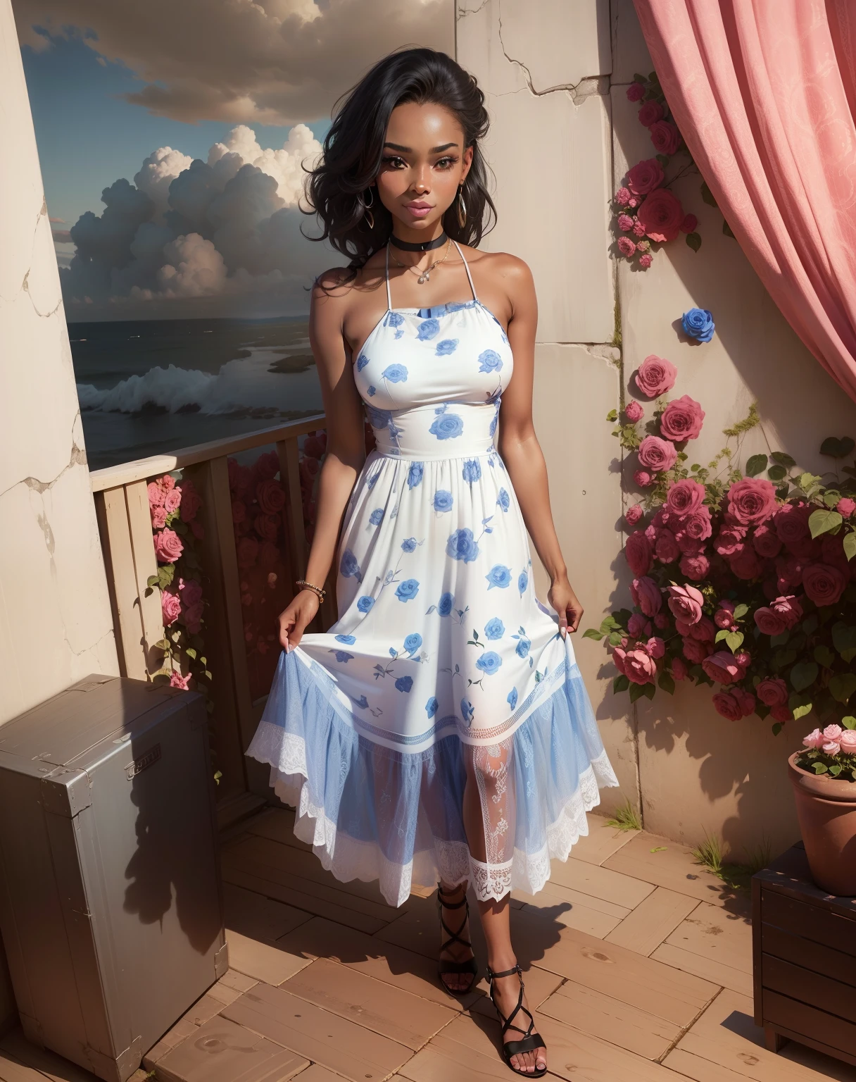 Lex a Beautiful woman, happy, fun, full of life, wearing a black summer dress with a pink rose pattern, thin, petite, small breasts, medium dark skin, 64k resolution photorealistic hyperdetailed in a background of fluffy clouds and sunny blue skies.