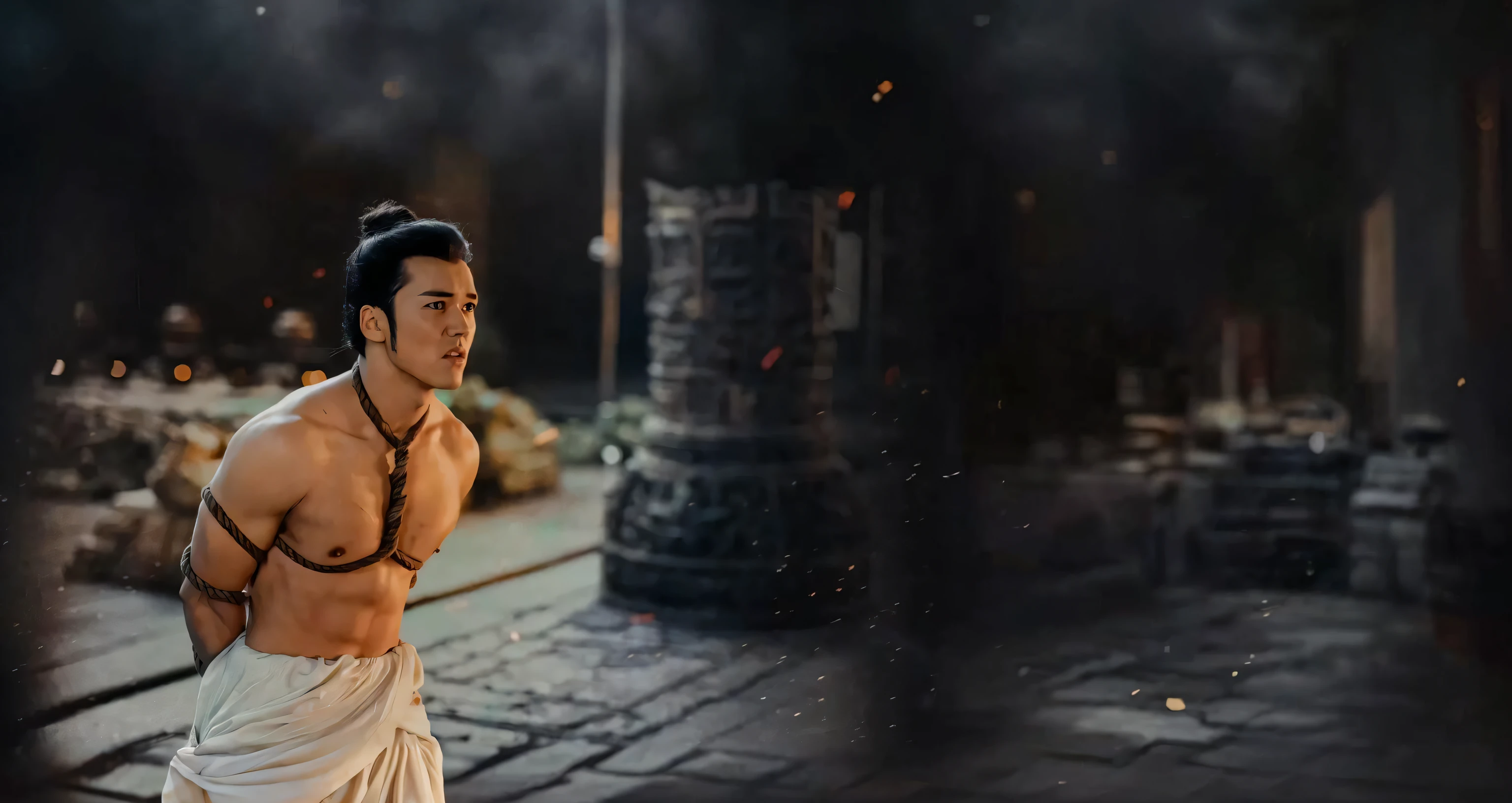 wearing white robes with,An Arad man with a chain around his neck, Inspired by Seki Dosheng, inspired by Dai Jin, inspired by Yang Jin, inspired by Luo Mu, inspired by Gong Xian, zhao yun, inspired by Li Gonglin, inspired by Zhao Mengfu, live-action movie scenes, bian luan, inspired by Gu An