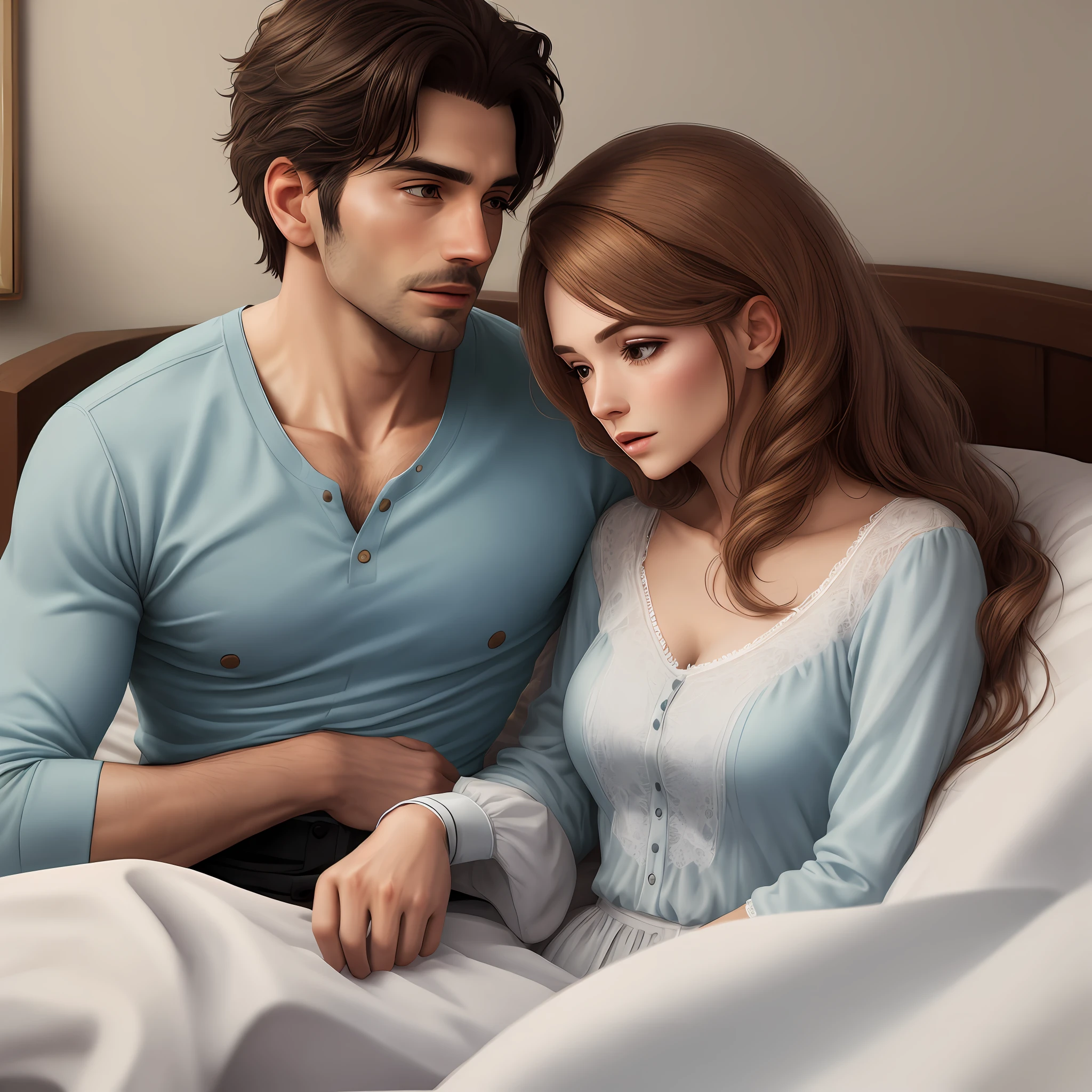 The couple sleeping in a medieval bed; the woman is Lily Collins with black curly hair, simple medieval peasant dress; and the man is Neels Visser blond hair, simple medieval peasant clothing