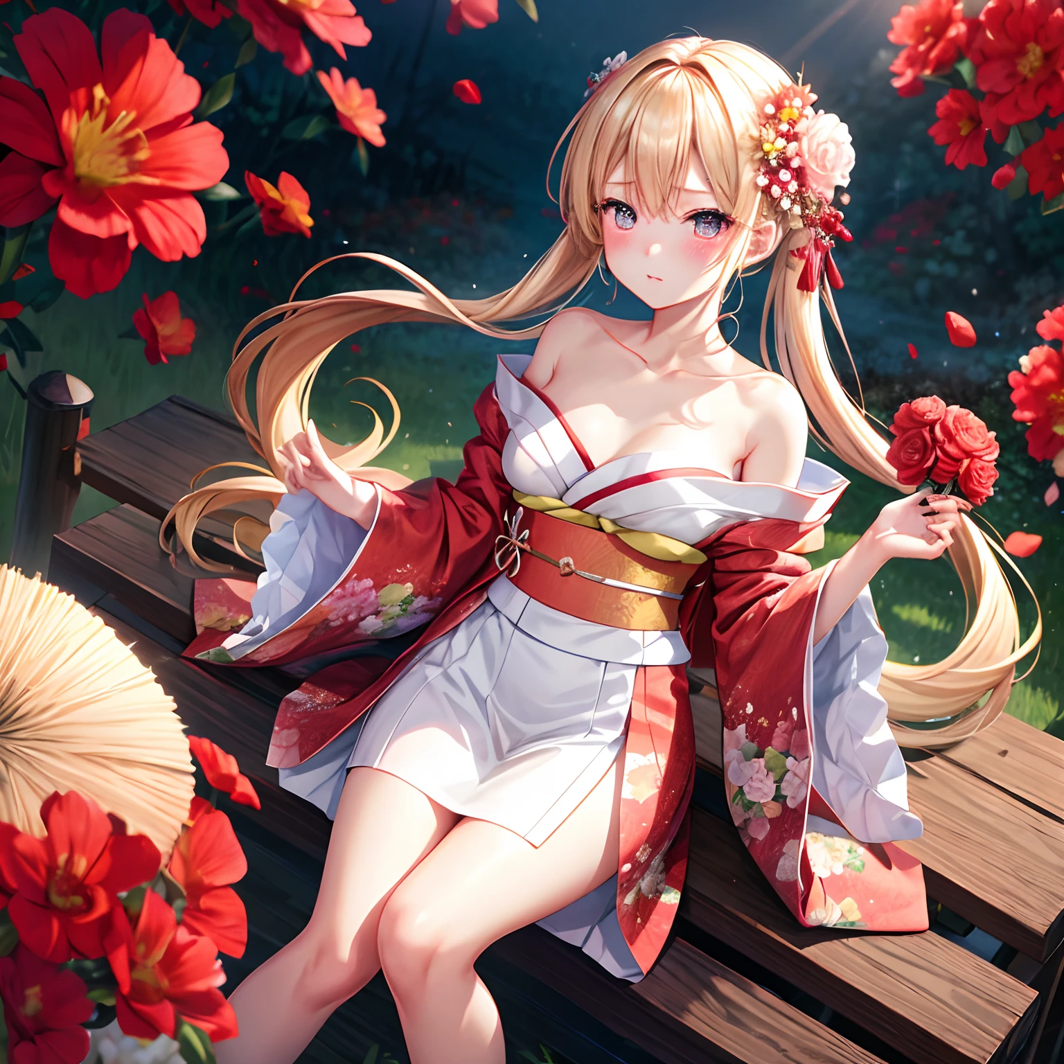 a blond、Red Sparking Eyes、Beautiful girl alone、realisitic、Floral kimono、off shoulders、a miniskirt、red blush、flower  field