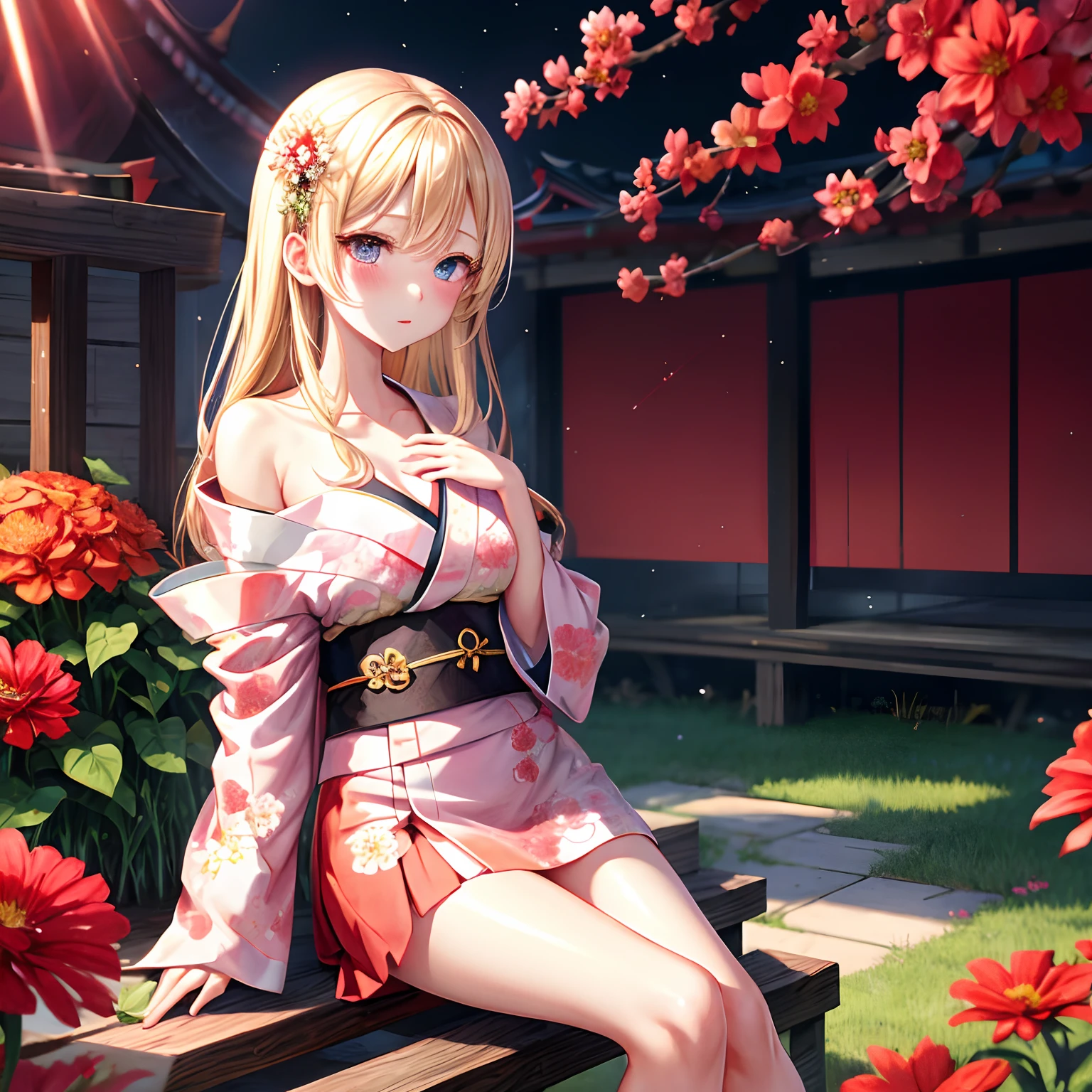 a blond、red eyes、Beautiful girl alone、realisitic、Floral kimono、off shoulders、a miniskirt、red blush、a park