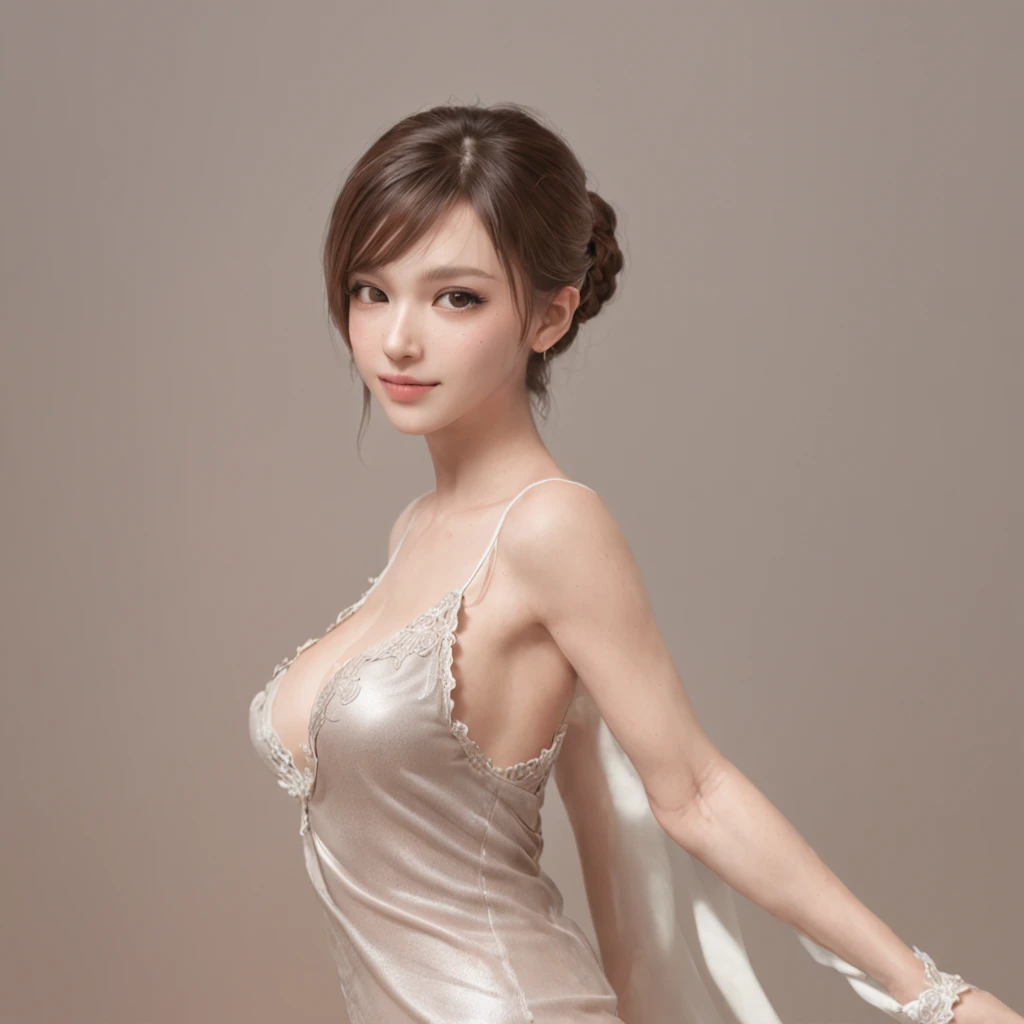 masterpiece, best quality, highest quality, perfect anatomy, highres, ultra-detailed, 8k wallpaper, texture, detail, unique, HDR, extremely detailed CG, 1 girl, Solo, full body, standing, ponytail, brown_hair, Bangs, brown_eyes, 20yo, mature female, looking at viewer, smile, lewd face, (Beautiful,large_Breasts:1.4), (beautiful_face:1.5),(narrow_waist)puffy nipple,nude,