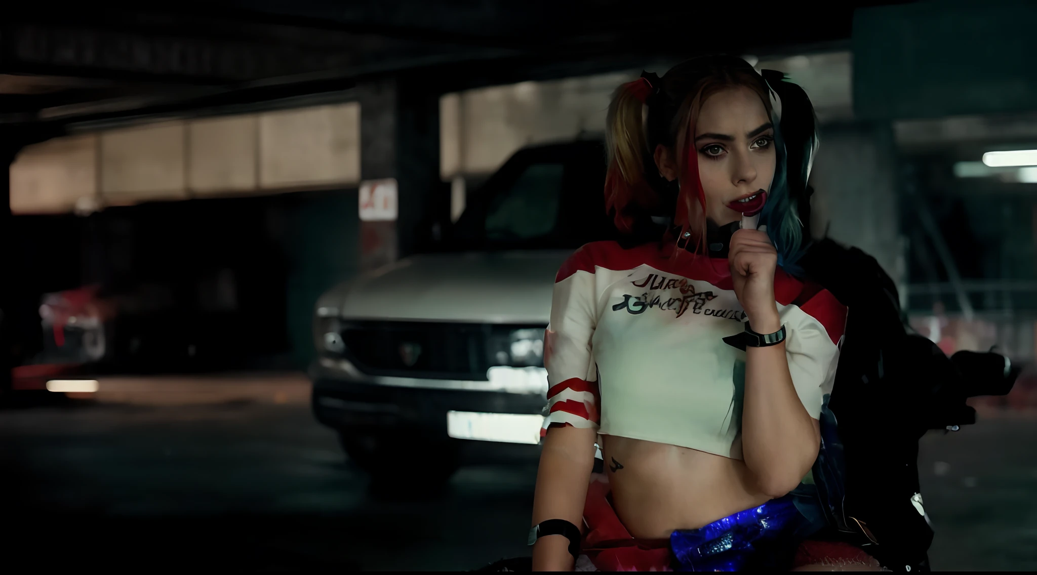 there is a woman sitting on a motorcycle in a parking garage, harley quinn, margot robbie as harley quinn, harley queen, of harley quinn, film still of harley quinn, elizabeth olsen as harley quinn, harley quinn film still, gal gadot as harley quinn, emma watson as harley quinn, harley quinn standing, kim kardashian as harley quinn, lady gaga is harley quinn maryms,Best Quality,(beauty),masterpiece, 1girl,phisically-based render ,ultra highres,narrow waist, skinny,big eyes,long legs,(small breasts),puffy eyes, night,(rainy city), shiny skin, facing viewer, fighting stance, (make a fist),firm expression,