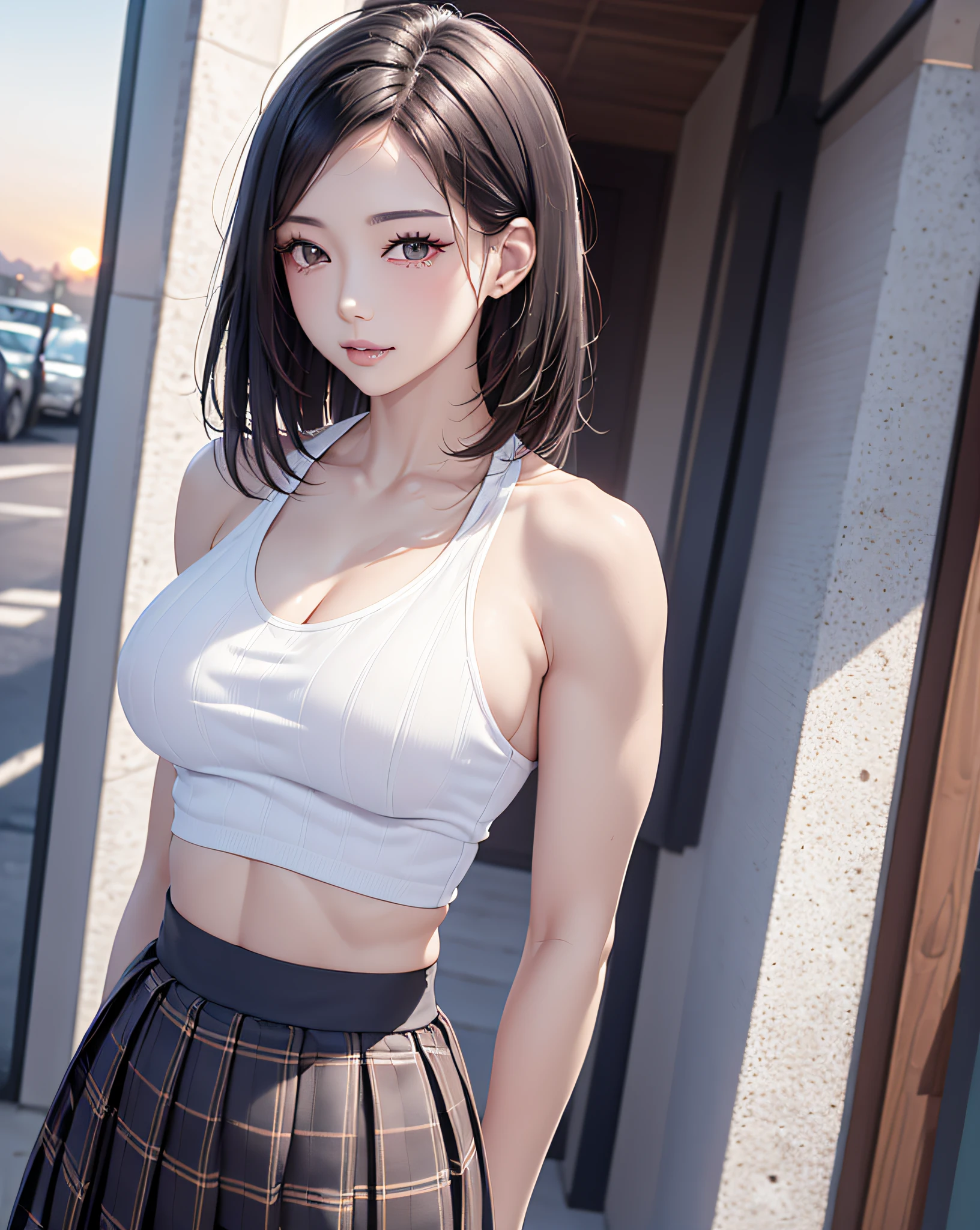 (1female body builder:1.37), masterpiece, best quality, illustration, ultra-detailed, finely detail, highres, 8k wallpaper, perfect dynamic composition, beautiful detailed eyes, natural lip, (((wearing a white tank-top:1.37, plaid pattern box-pleats-long-skirt:1.3))), medium breasts:1.25, lovely look:1.3, white skin, pale skin, oily skin:1.3, shiny skin, Caucasian, shiny-black thin hair, side-under-cut-hair-style, clean armpit, on bed, incoming, sunset,