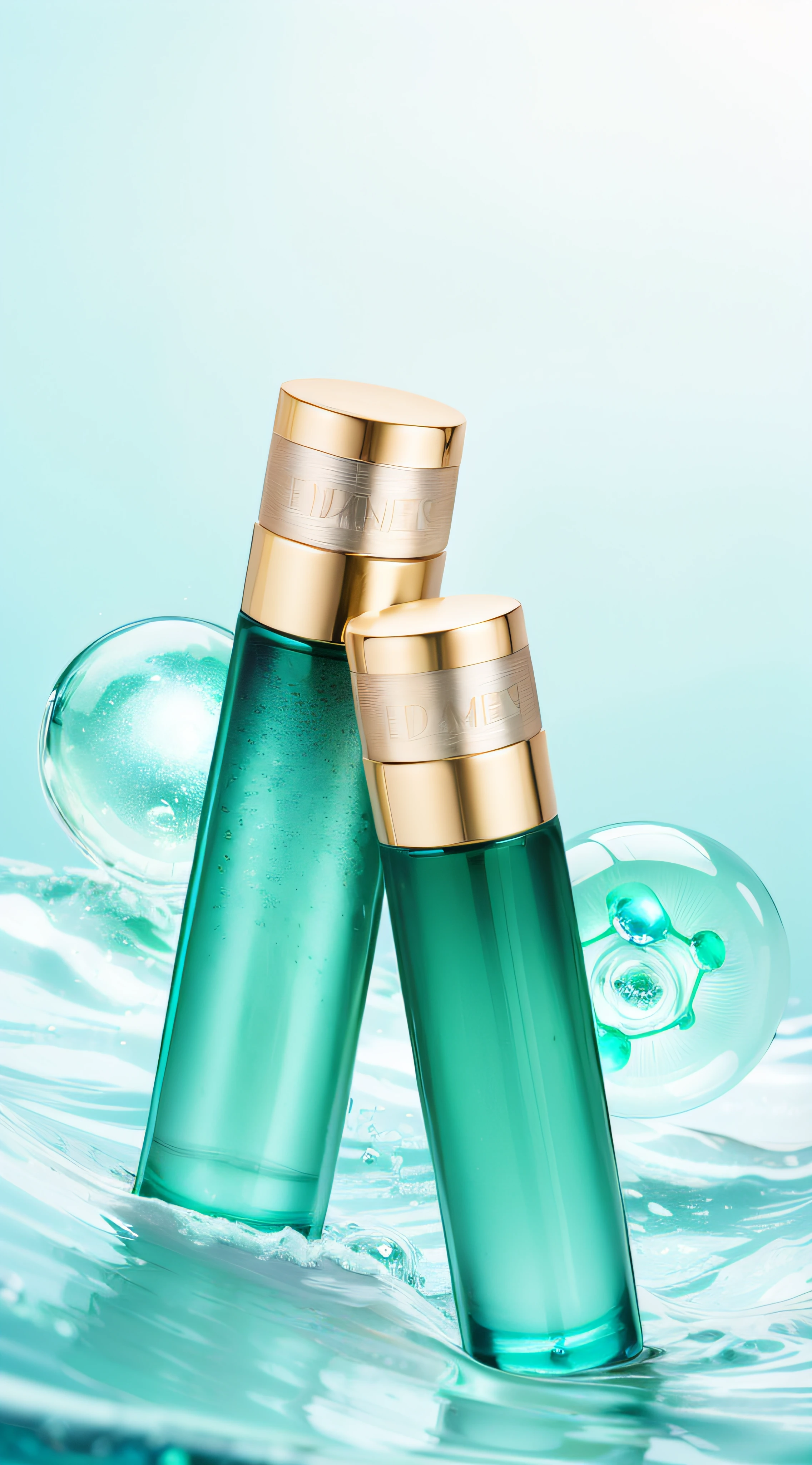 Two bottles of blue liquid,There are bubbles floating on it, vibrant vials, inspired by Évariste Vital Luminais, new design, tiffany, exquisitedetails, bubbling skin, dramatic product shot, flask, perfume, vibrant feel, smooth bioluminescent skin, SleekDesign, author:Dietmar Dammelau, Close-up Shot Shot