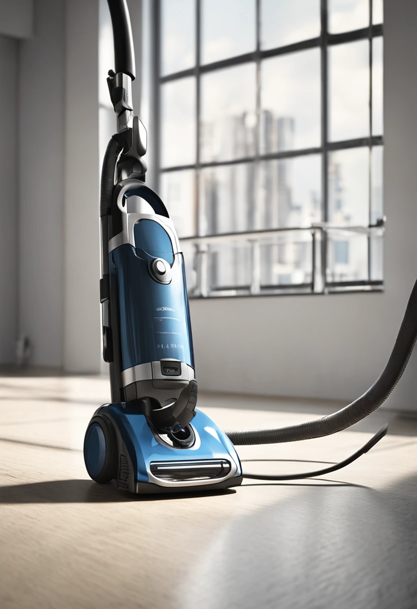 Industrial design of modern vacuum cleaners，Photorealistic rendering，Advertising product photography，cinmatic lighting，dynamic angle，high key lighting，dynamic angle，Home Interior Background，bokeh