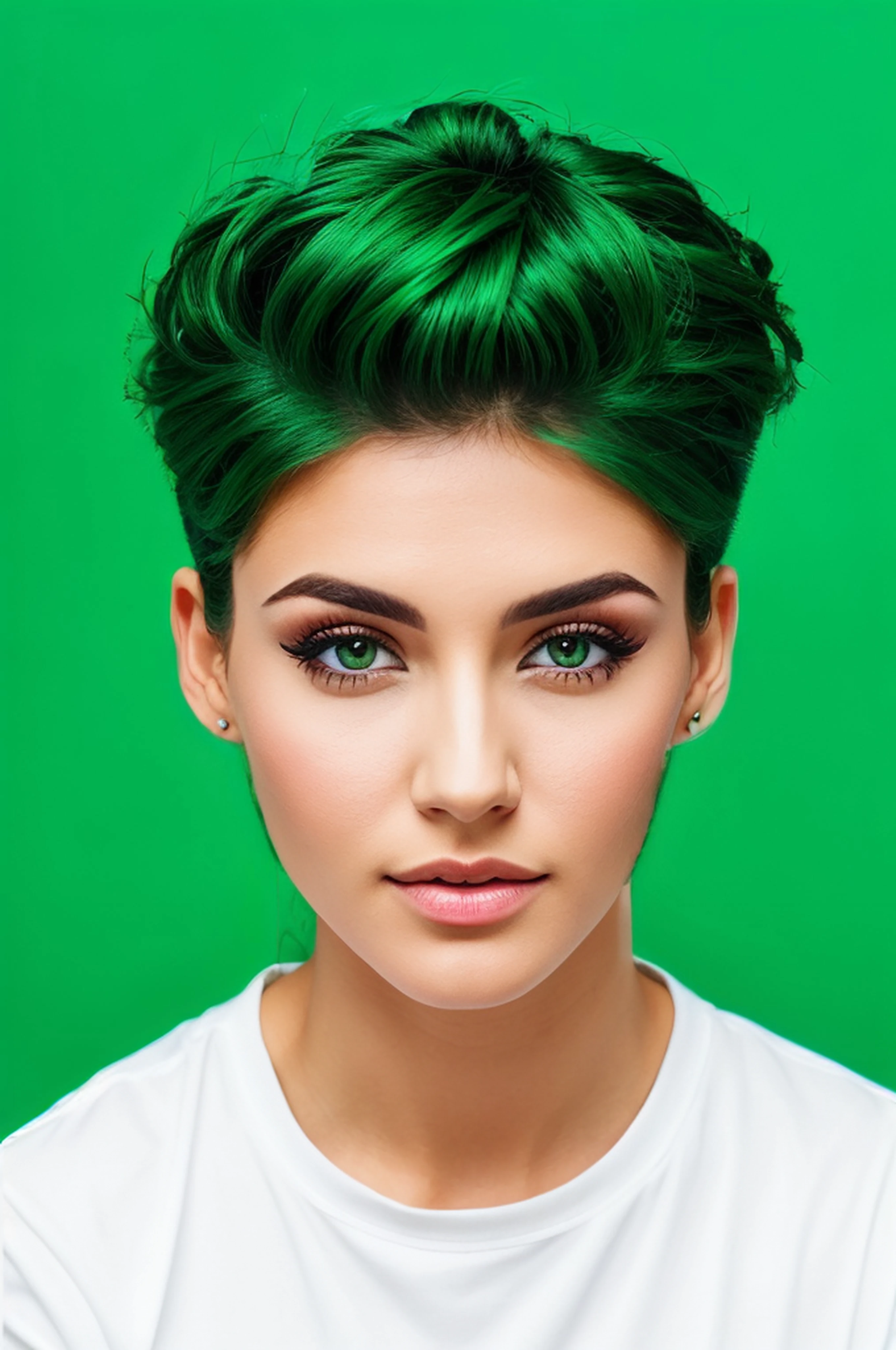 Remove green color for original hair color realistic eyes natural skin and realistic symmetrical nose