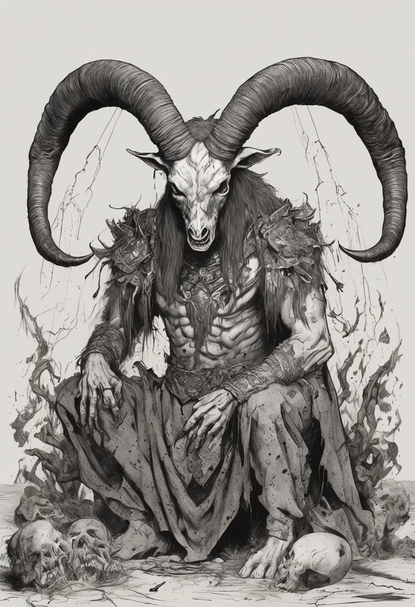 a goat-headed demon with large horns, strong and strong upper body, demon skins, skins, ((claws, wings)), demonic armor, blood splatters, skulls on the ground, standing in a blood ritual, medieval, dark room, dim light, masterpiece, realistic, oil painting