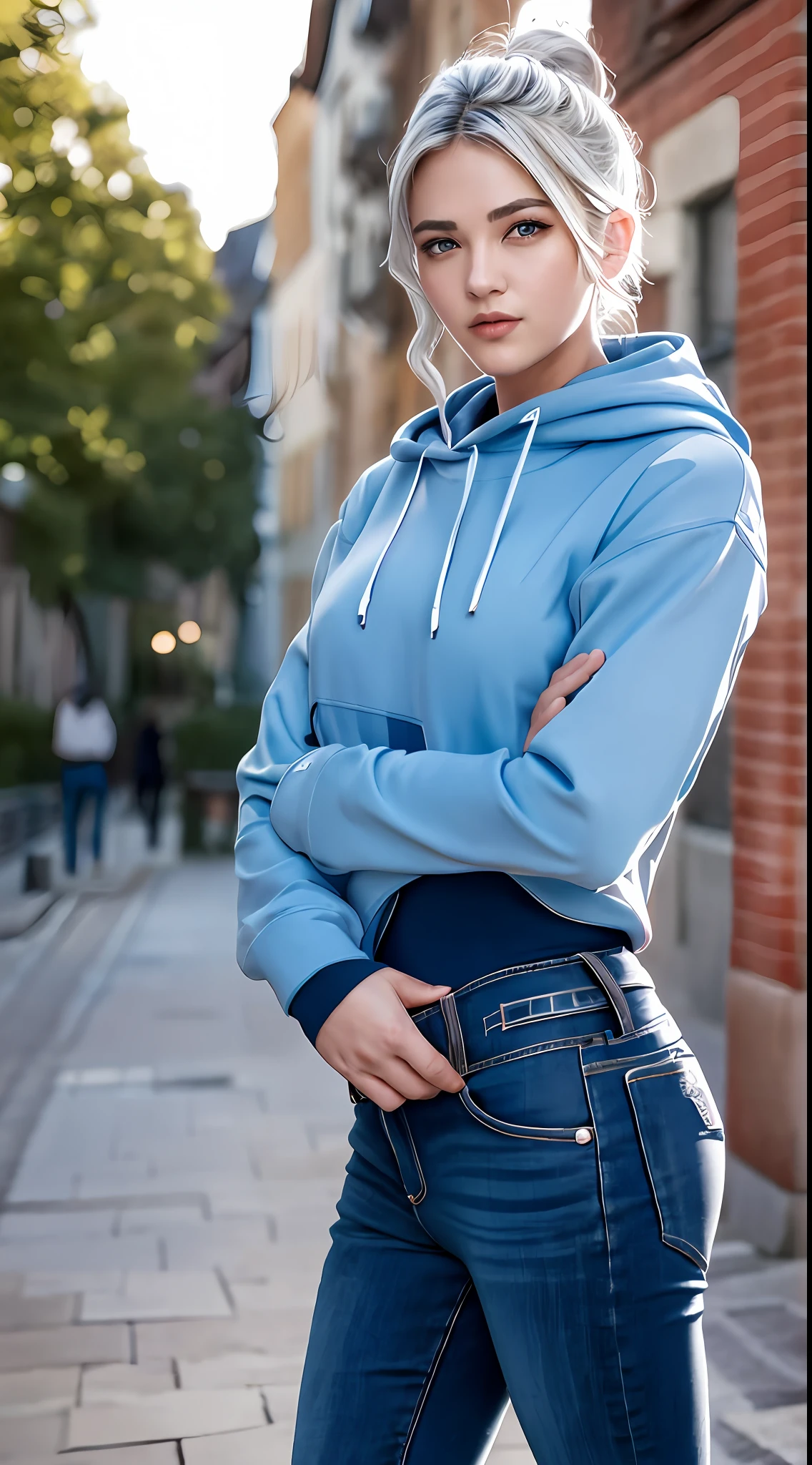 1girl, jett (valorant), cosplay, valorant, blue hoodie, jeans pants, blue eyes, thin lips, silver hair, gloves, solo, upper body, outdoors, noon, streets, sunshine, standing, beautiful face, (cowboy shot), 8k, hdr, ultra highres, masterpiece,(realistic), highly detailed CG unified 8K wallpapers, (HQ skin:1.2),8k uhd, dslr, high quality, beautiful skin, attractive, ultra-high resolution, ultra-realistic, high-definition, close-up, dynamic pose, looking at viewer,