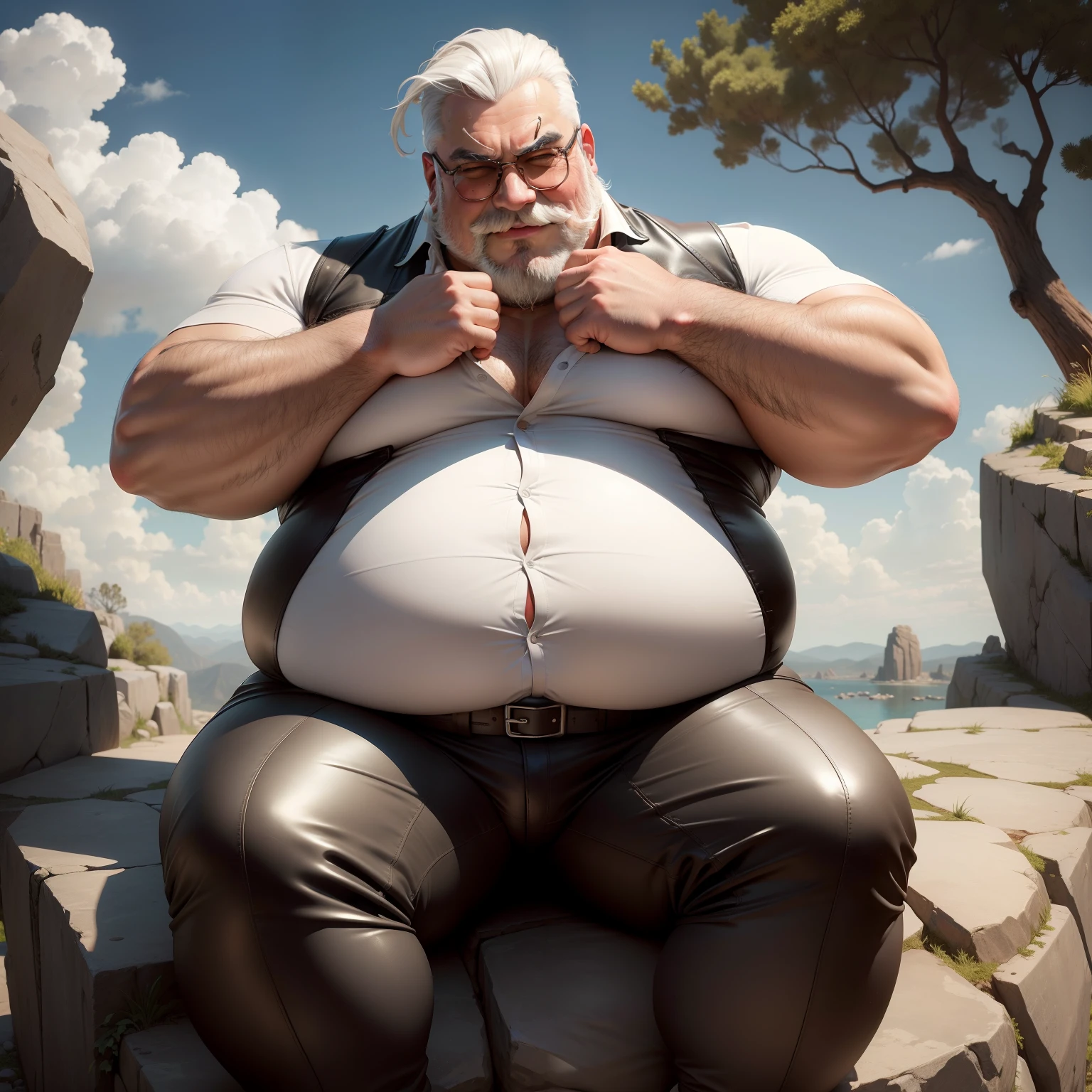 Big fat man sitting on a rock fixing hair,Rock,ember,Uncle,Fat,I have a big stomach,Regent,white  hair,mustache.Wearing broken glasses,Western Style Leather Chaps,wearing leather jacket,Wearing a white shirt,Sweating,Smiling gently