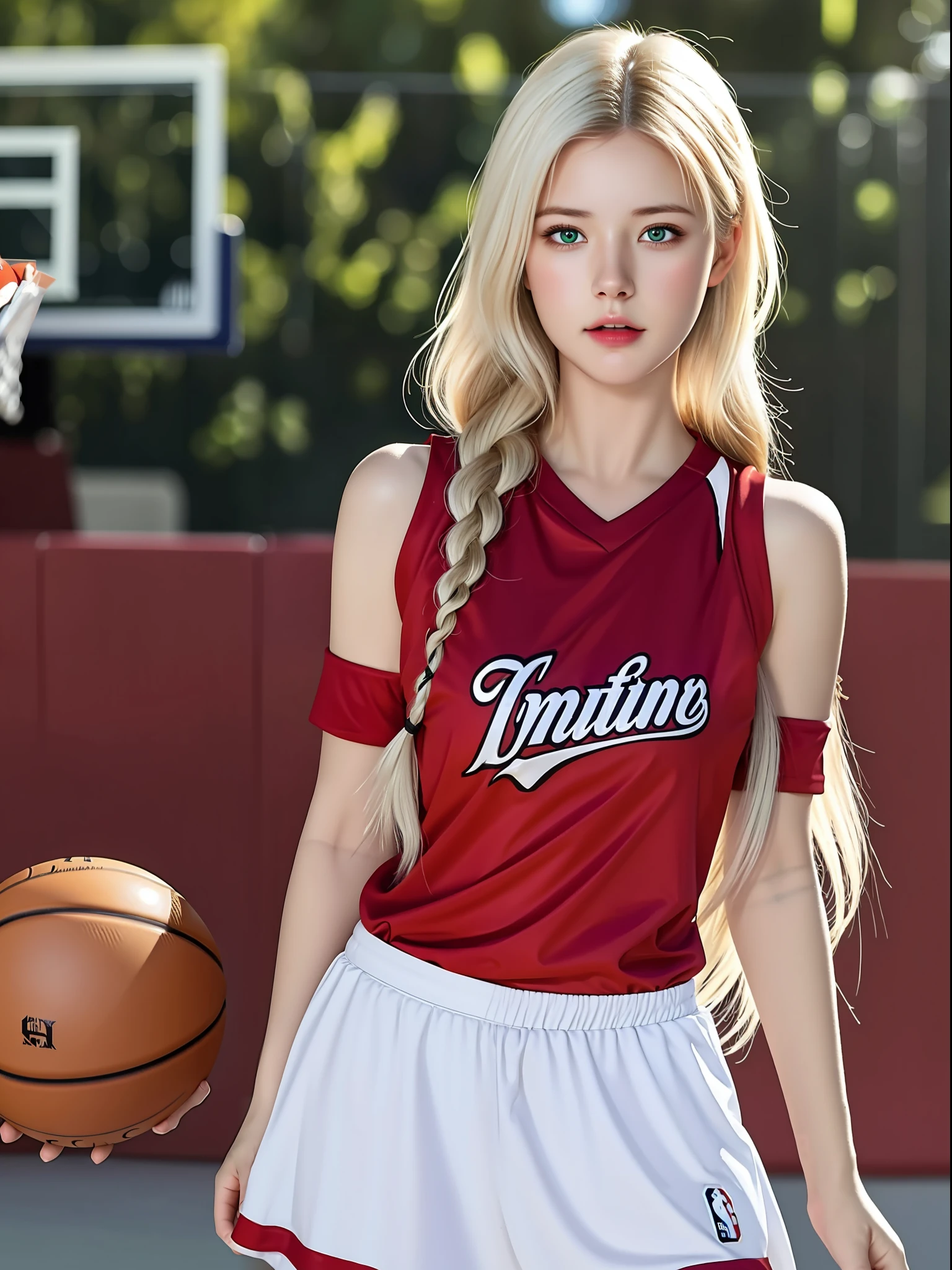 (hyperrealistic), (illustration), (high resolution), (8K), (extremely detailed), (best illustration), (beautiful detailed eyes), (best quality), (ultra-detailed), (masterpiece), (wallpaper), (photorealistic), (natural light), (rim lighting), (detailed face), (high detailed realistic skin texture), (anatomically correct), (solo), (1 girl), (high detailed realistic long hair), (white hair:1.2), (two braided hair), (heterochromic eyes), (detailed green eyes), (small moles under the eyes), (realistic big breasts:1.2), (plump breasts), (exposed breasts), (long legs), (tight abs), dynamic pose, (closed mouth:1.2), (red basketball shirt:1.2), (upon body from head to thighs:1.2), (bare shoulders), (standing at basketball field), (sexy outfit),