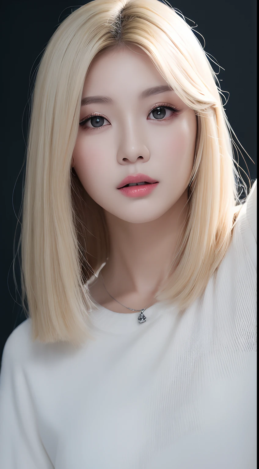 ((Realistic lighting、top-quality、8K、masterpiece:1.3))、Clear focus:1.2、1girl in、flawless beauty:1.4、slim((blonde hair))、Neat and clean clothing、One-piece clothes、Superfine Face、Narrow-eyed、二重まぶた、lighting like a movie、photos realistic、28 year old、Straight hair、Face like a K-pop idol、white backgrounid、Gray background、black backgrounds、Mature Woman、Classy makeup、Light hair color Blonde、Angle of pull、