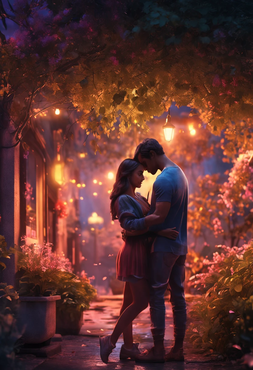 "under moonlight,Young couple in the garden hugging tightly,The streets are filled with tranquil and romantic atmosphere。warm color,best qualtiy,hyperdetailed illustration,8K resolution concept art wallpaper,Epic fantasy art,Natural lighting against dark background。"