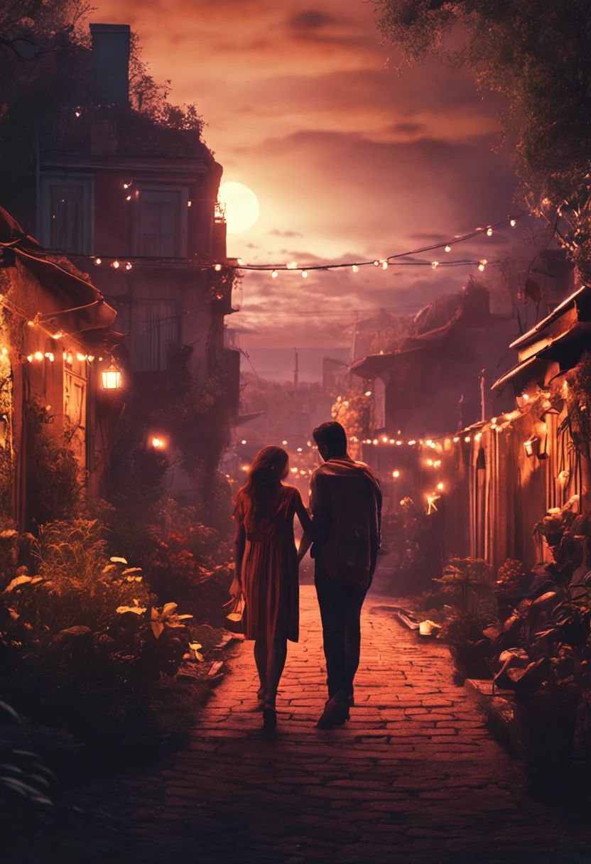 "under moonlight，Young couple in the garden hugging tightly，The streets are filled with tranquil and romantic atmosphere。warm color，best qualtiy，hyperdetailed illustration，8K resolution concept art wallpaper，Epic fantasy art，Natural lighting against dark background。"