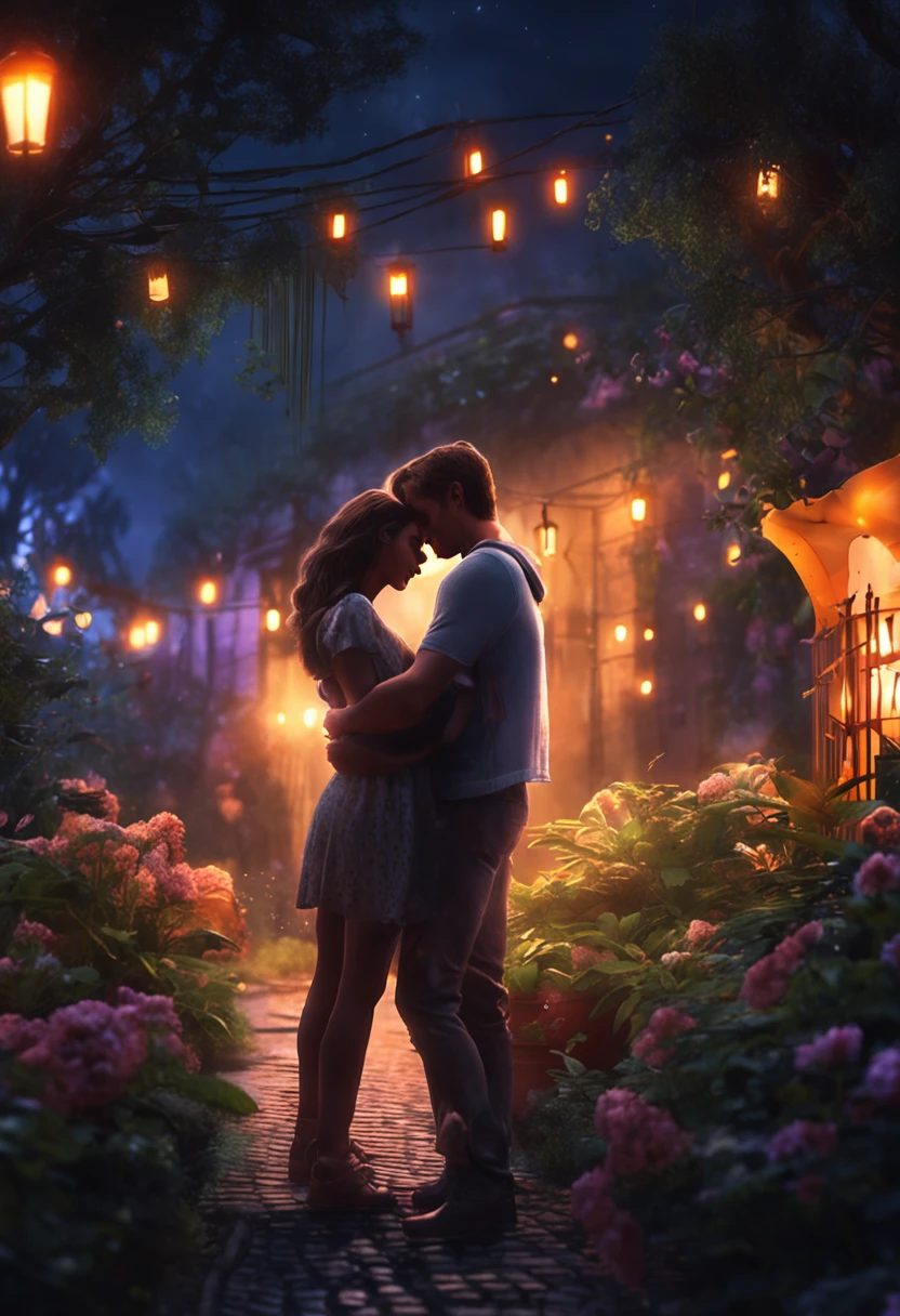 "under moonlight,Young couple in the garden hugging tightly,The streets are filled with tranquil and romantic atmosphere。warm color,best qualtiy,hyperdetailed illustration,8K resolution concept art wallpaper,Epic fantasy art,Natural lighting against dark background。"