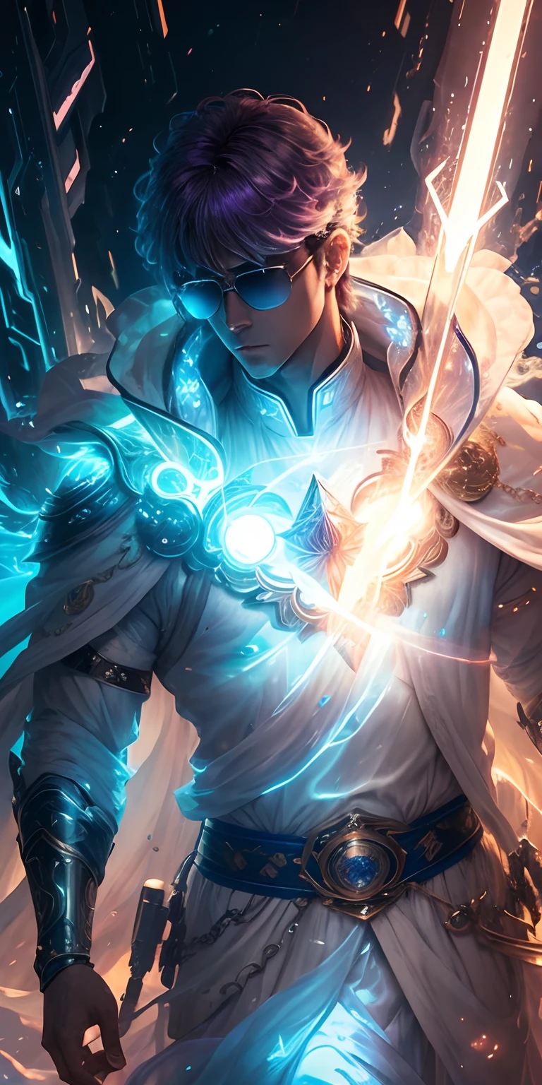 (8k), Ultra resolution 8K, Stunning illustration of a celestial splendid, Ethereal hero , Warrior Prince,, gafas cyberpunk, Cosmic glasses, Flowing luminous white tunic suit ,cinematic lighting