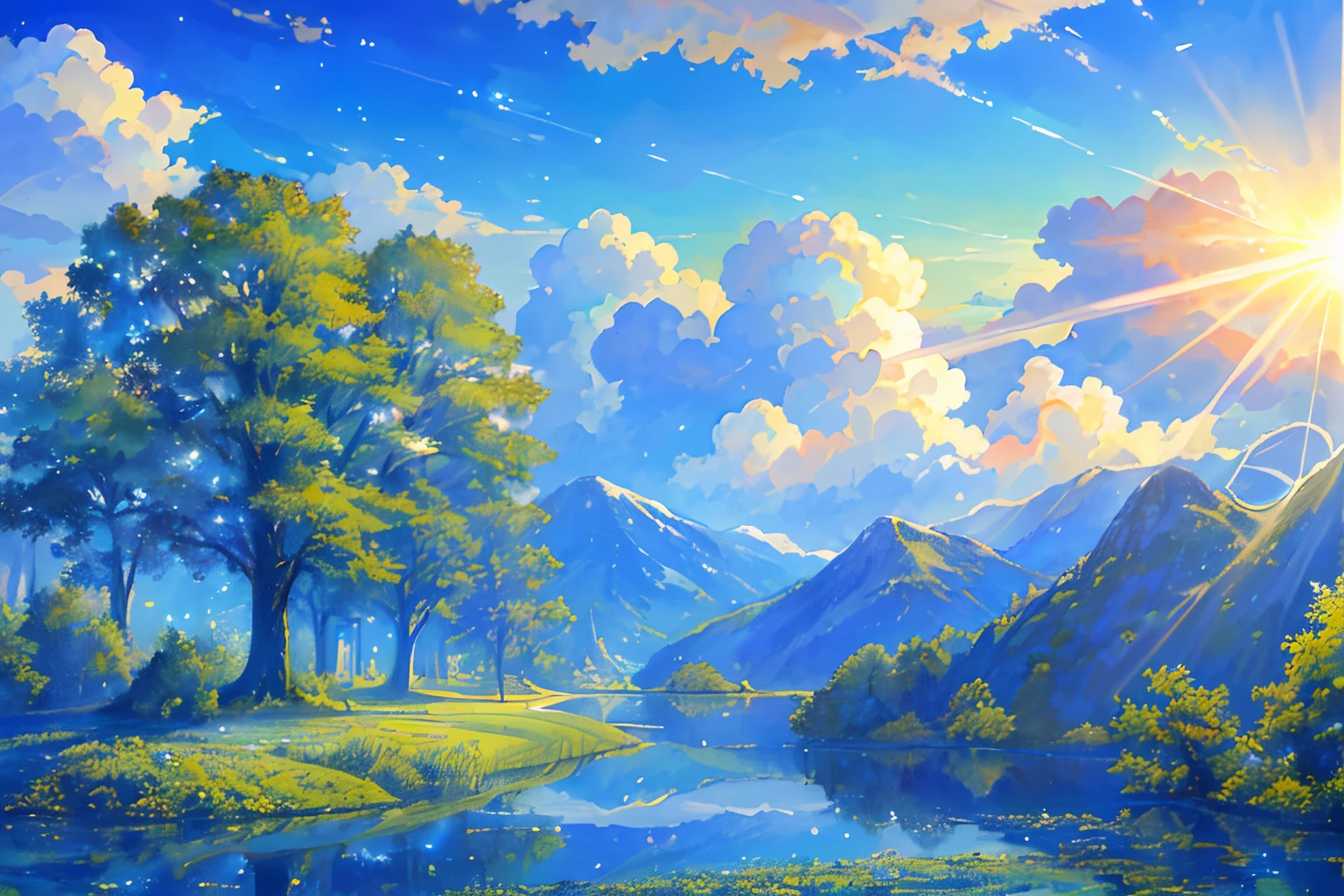 masterpiece, top-quality, (extremely detailed CG unified 8k wallpaper) (top-quality), (The best illustrations), (best shade)、Super Meticulous, blue-sky、Variety of clouds、Wonderfully beautiful、nostalgic、Looking up at the sky、Reflection of the Sun、Natural colors、the woods、Scenic、Summer sky、Make blue the basis