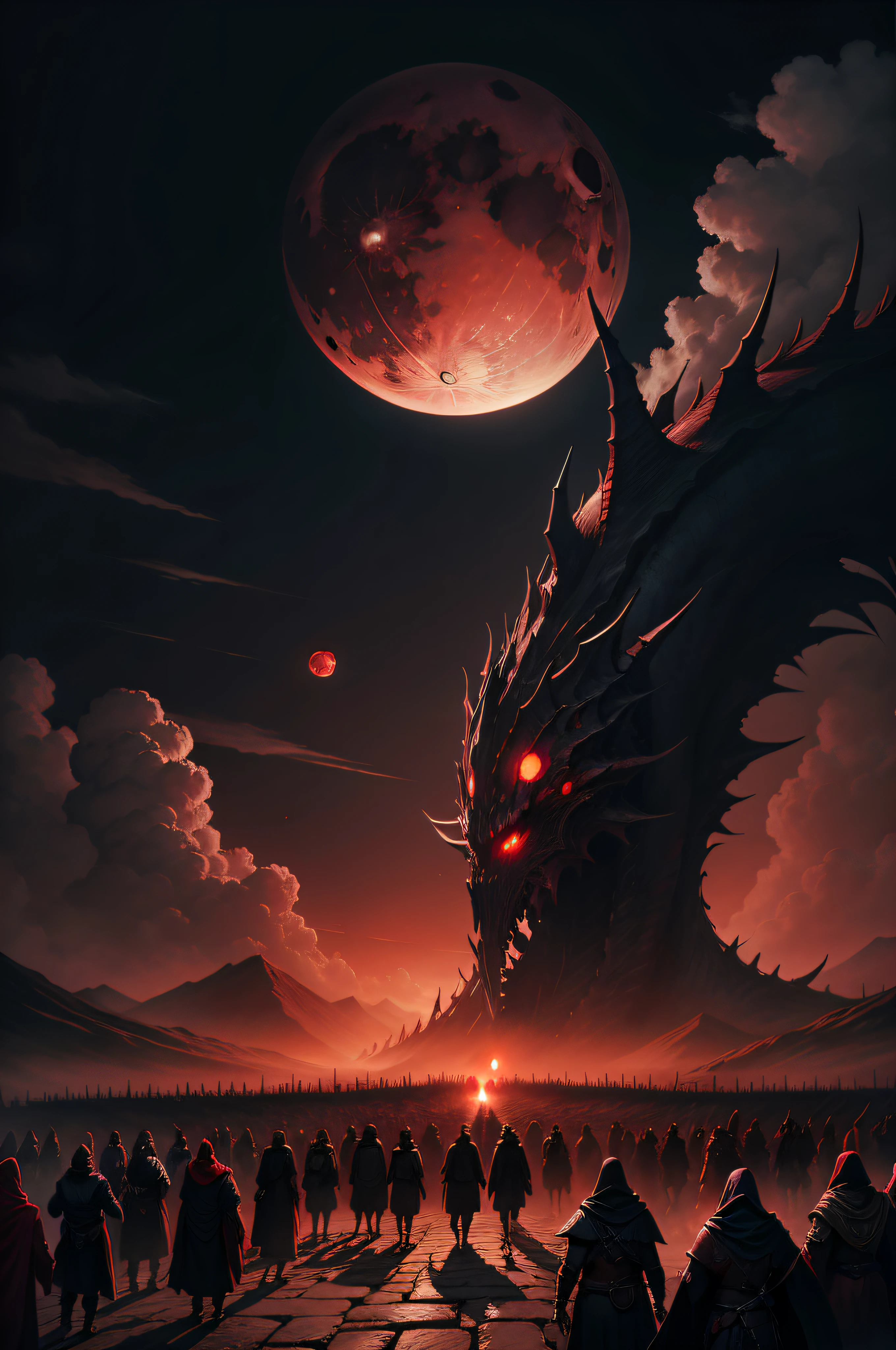 The night was dark,It was very windy。,The blood moon hangs in the air,Monsters are rampant,The crowd fled,A group of cloaked men armed with weapons slaughtered the monster