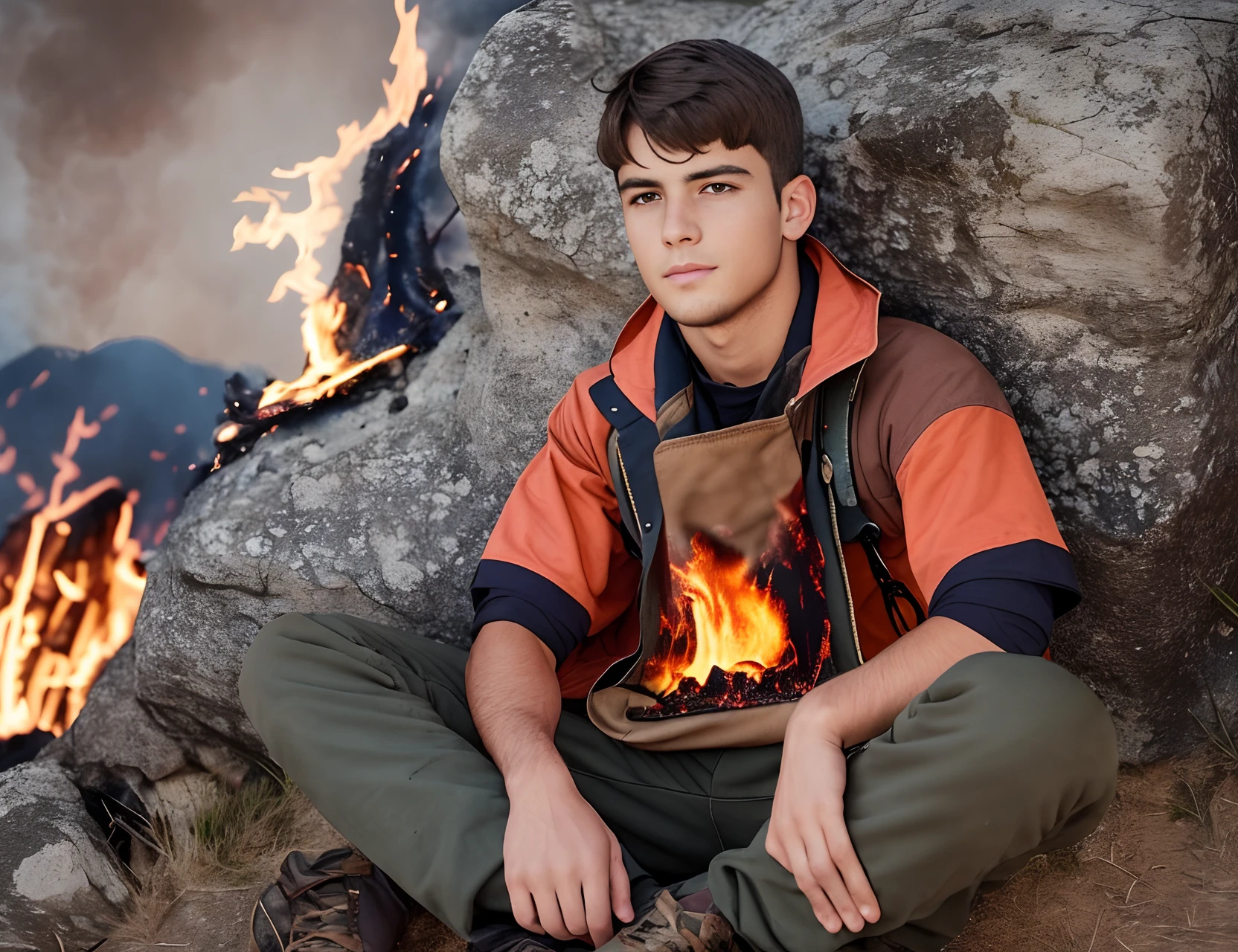 a boy age 25 sit on a mountain some volcaino beside him and fire spread around him --auto --s2