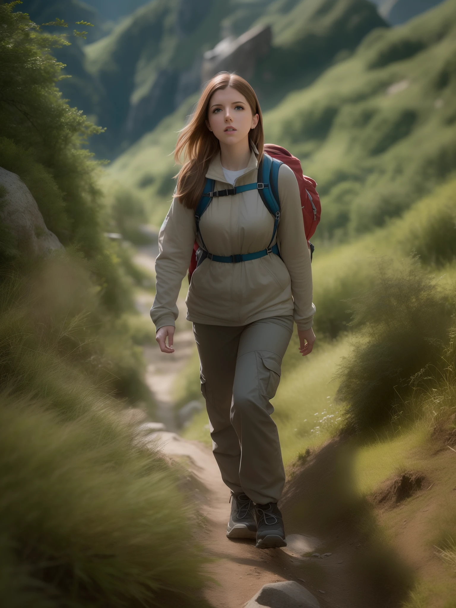 Anna Kendrick, ((hiking)), full entire body, Blendenfleck, (8K, ...........................RAW, Professionell, best qulaity, Meisterwerk: 1,2), (Realistisch, fotorealistisch: 1,37), ultradetailliert, (25mm Portrait Wide Angle), (Skin with the highest level of detail: 1,2), (Highest level of detail, Filmische Beleuchtung, (windig), warm white light,