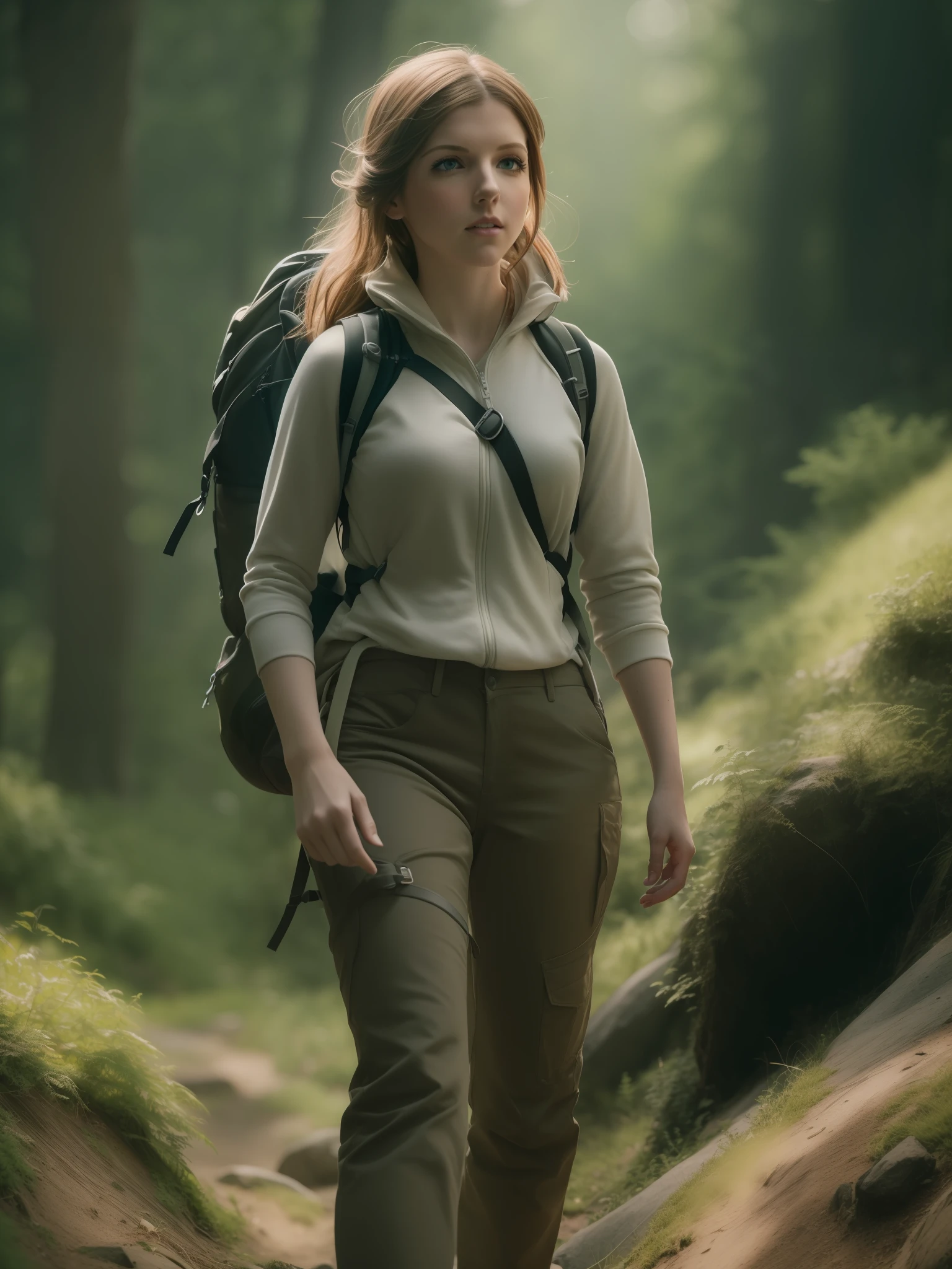 Anna Kendrick, ((hiking)), full entire body, Blendenfleck, (8K, ...........................RAW, Professionell, best qulaity, Meisterwerk: 1,2), (Realistisch, fotorealistisch: 1,37), ultradetailliert, (25mm Portrait Wide Angle), (Skin with the highest level of detail: 1,2), (Highest level of detail, Filmische Beleuchtung, (windig), warm white light,