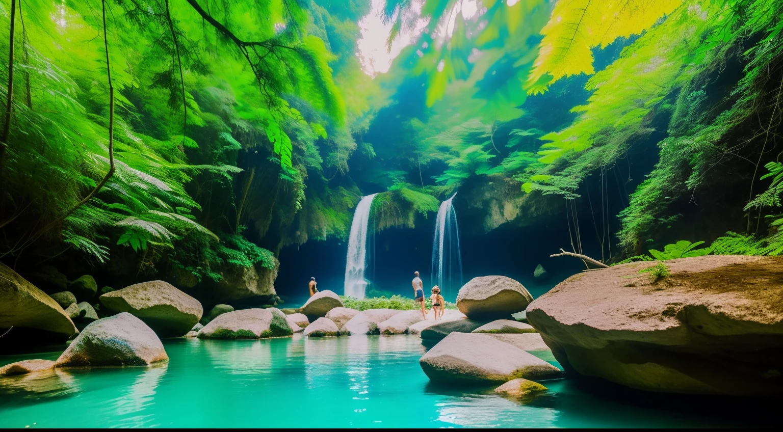 **Chapter 1: O Encontro no Rio Encantado**
A tranquil scene by the enchanted river, com a jovem Aiyana observando o brilhante boto cor de rosa, Tupã, Swimming gracefully in the crystal clear waters. The lush trees and blue sky create a magical and friendly atmosphere.