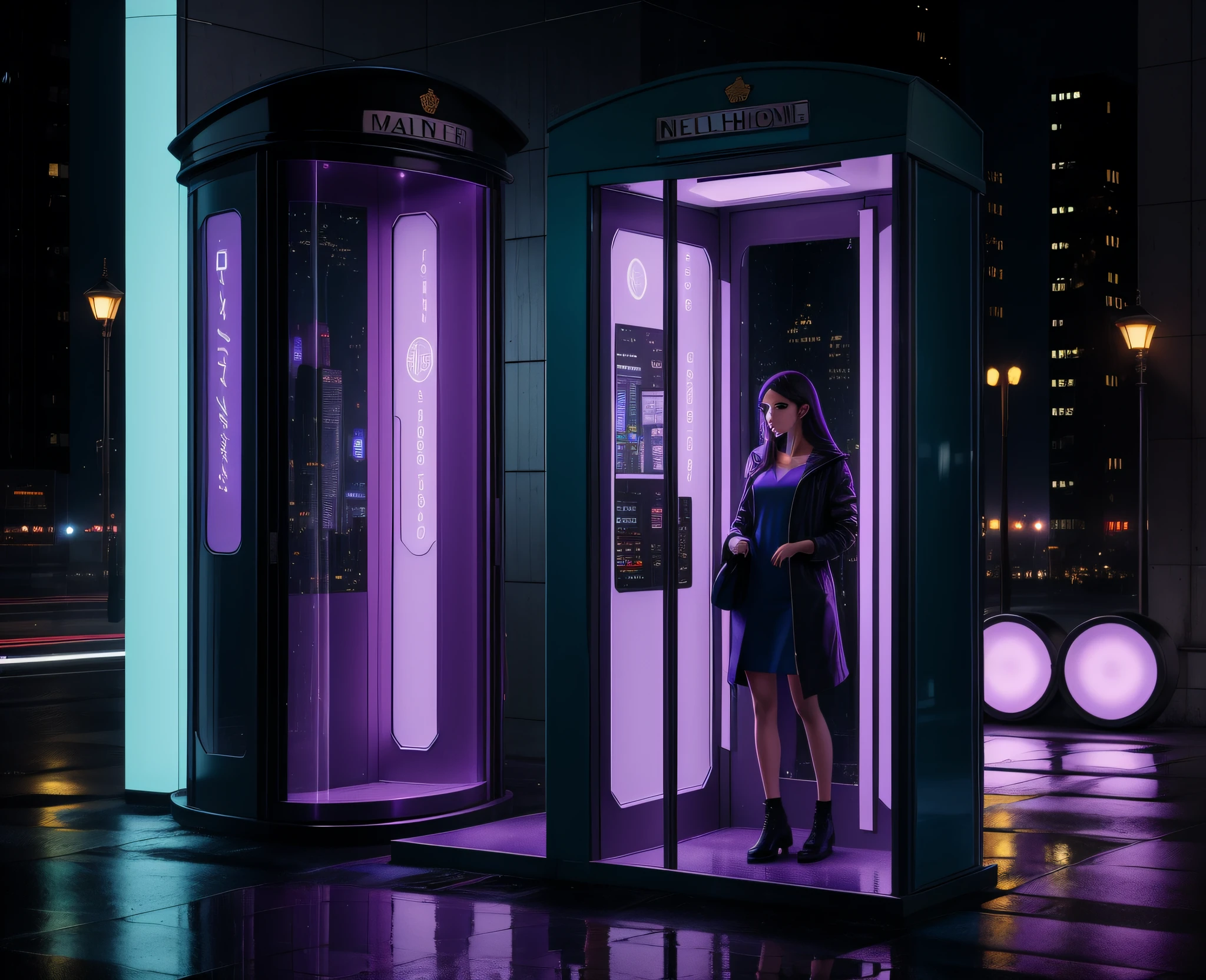 A young woman is inside a phone booth on a rainy day, bajo grandes edificios de una ciudad futurista, The lights are reflected as a hyper-realistic photograph of a long exposure. Todo en tonos azules, verdes, violets and purples.