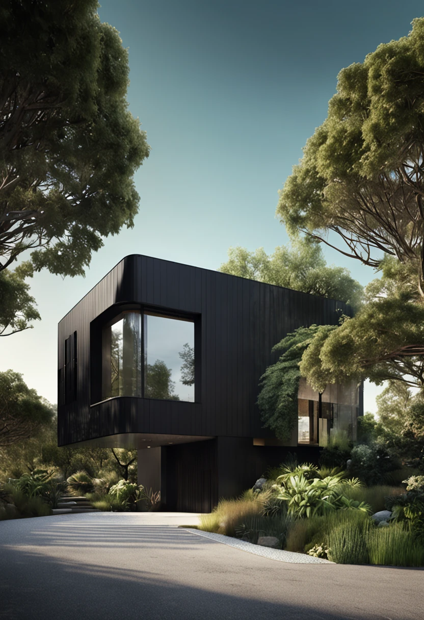 Modern black house design, green garden around the house, black front road, modern architecture, whole glass, sunshine, seaside