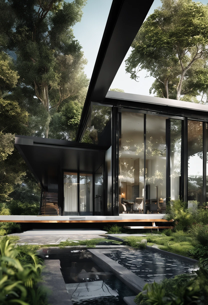Modern black house design, green garden around the house, black front road, modern architecture, whole glass, sunshine, seaside