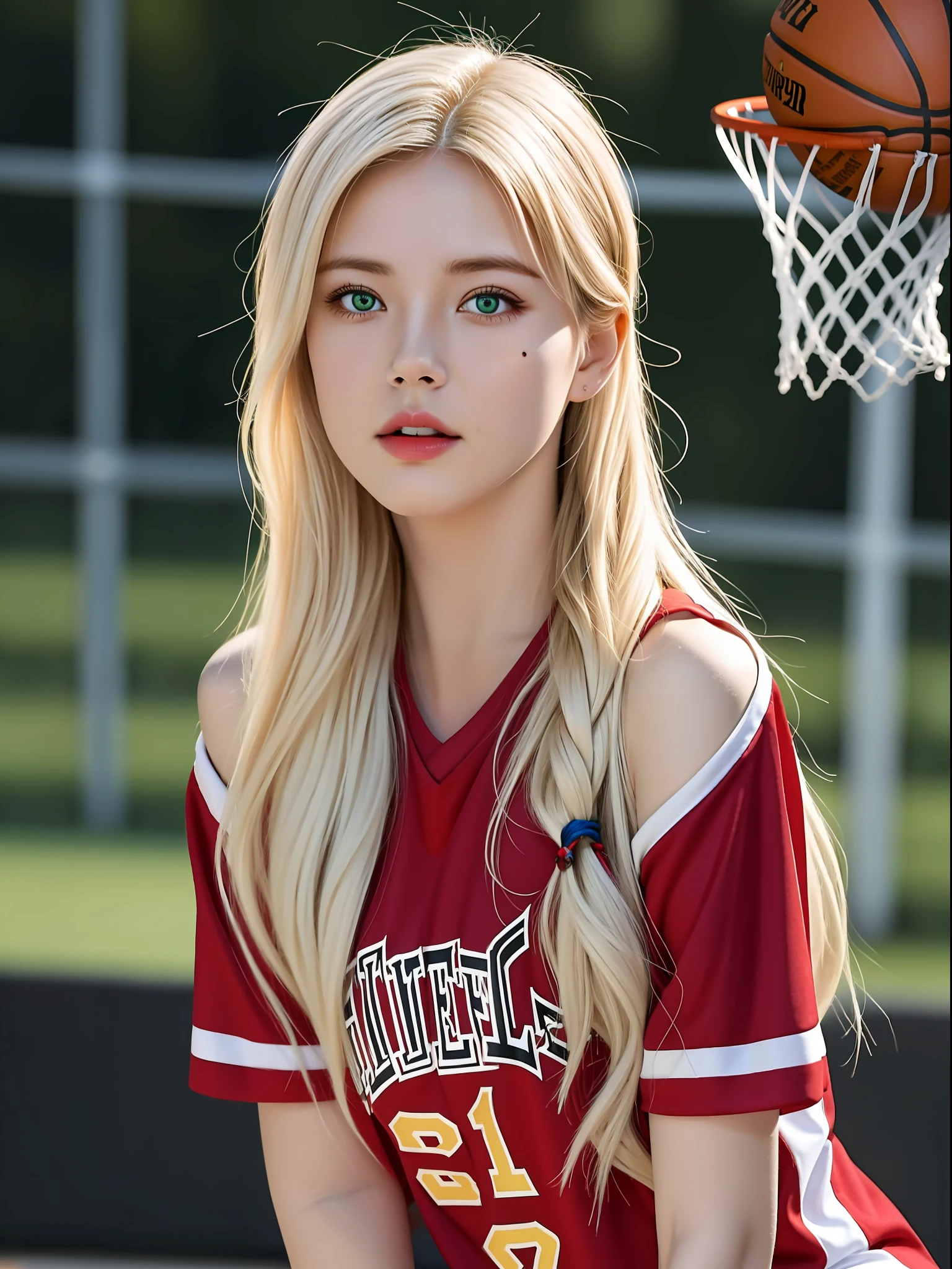 (hyperrealistic), (illustration), (high resolution), (8K), (extremely detailed), (best illustration), (beautiful detailed eyes), (best quality), (ultra-detailed), (masterpiece), (wallpaper), (photorealistic), (natural light), (rim lighting), (detailed face), (high detailed realistic skin texture), (anatomically correct), (solo), (1 girl), (high detailed realistic long hair), (white hair:1.2), (two braided hair), (heterochromic eyes), (detailed green eyes), (small moles under the eyes), (realistic big breasts:1.2), (plump breasts), (exposed breasts), (long legs), (tight abs), dynamic pose, (closed mouth:1.2), (red basketball shirt:1.2), (upon body from head to thighs:1.2), (bare shoulders), (standing at basketball field), (sexy outfit),
