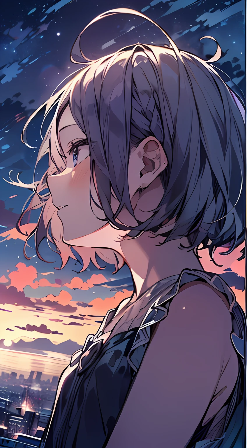 masutepiece, Best Quality,Illustration, Wallpaper, Ultra Detail, absurderes, 1girl in、 (Medium short hair、short braided hair), Beautiful ultra-detailed eyes , Hair fluttering in the wind、Smaller head、Beautiful night sky、(a panoramic view:1.5)