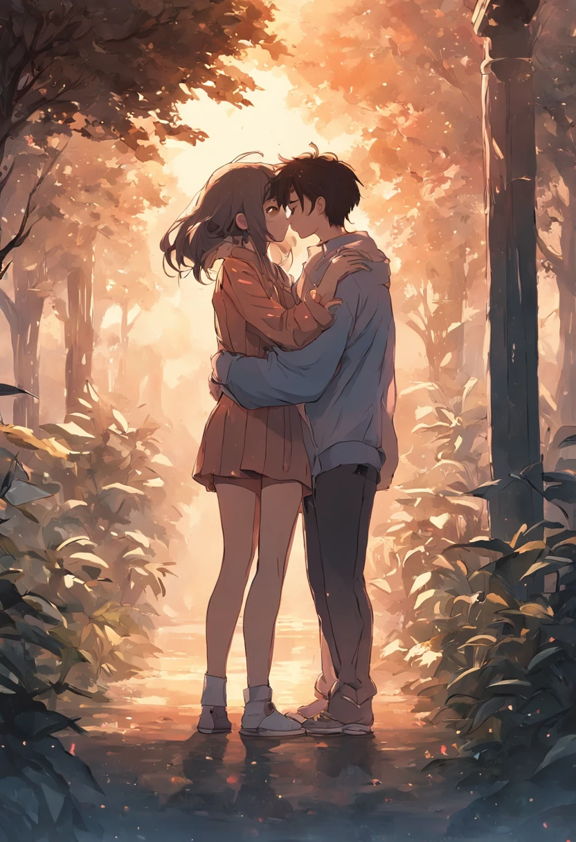 "under moonlight,Young couple in the garden hugging tightly,The streets are filled with tranquil and romantic atmosphere。warm color,best qualtiy,hyperdetailed illustration,8K resolution concept art wallpaper,Epic fantasy art,Natural lighting against dark background。"