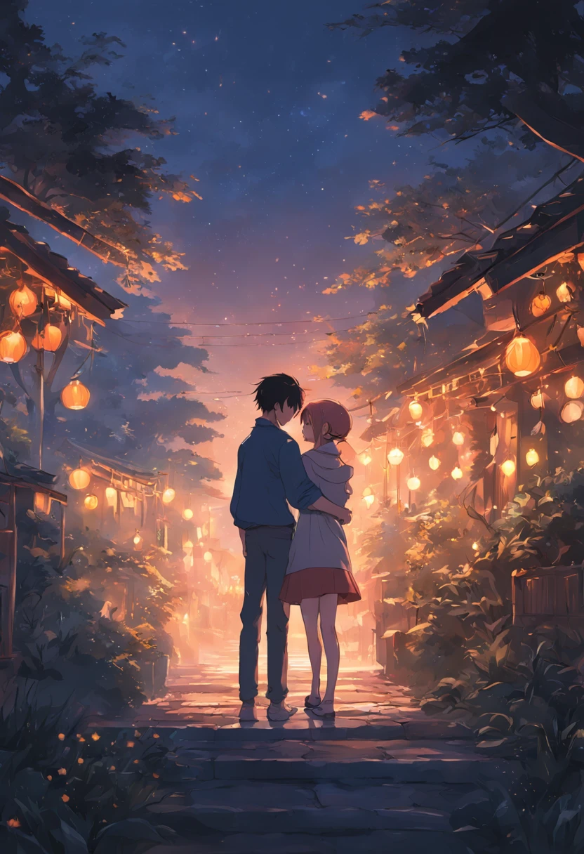 "under moonlight，Young couple in the garden hugging tightly，The streets are filled with tranquil and romantic atmosphere。warm color，best qualtiy，hyperdetailed illustration，8K resolution concept art wallpaper，Epic fantasy art，Natural lighting against dark background。"