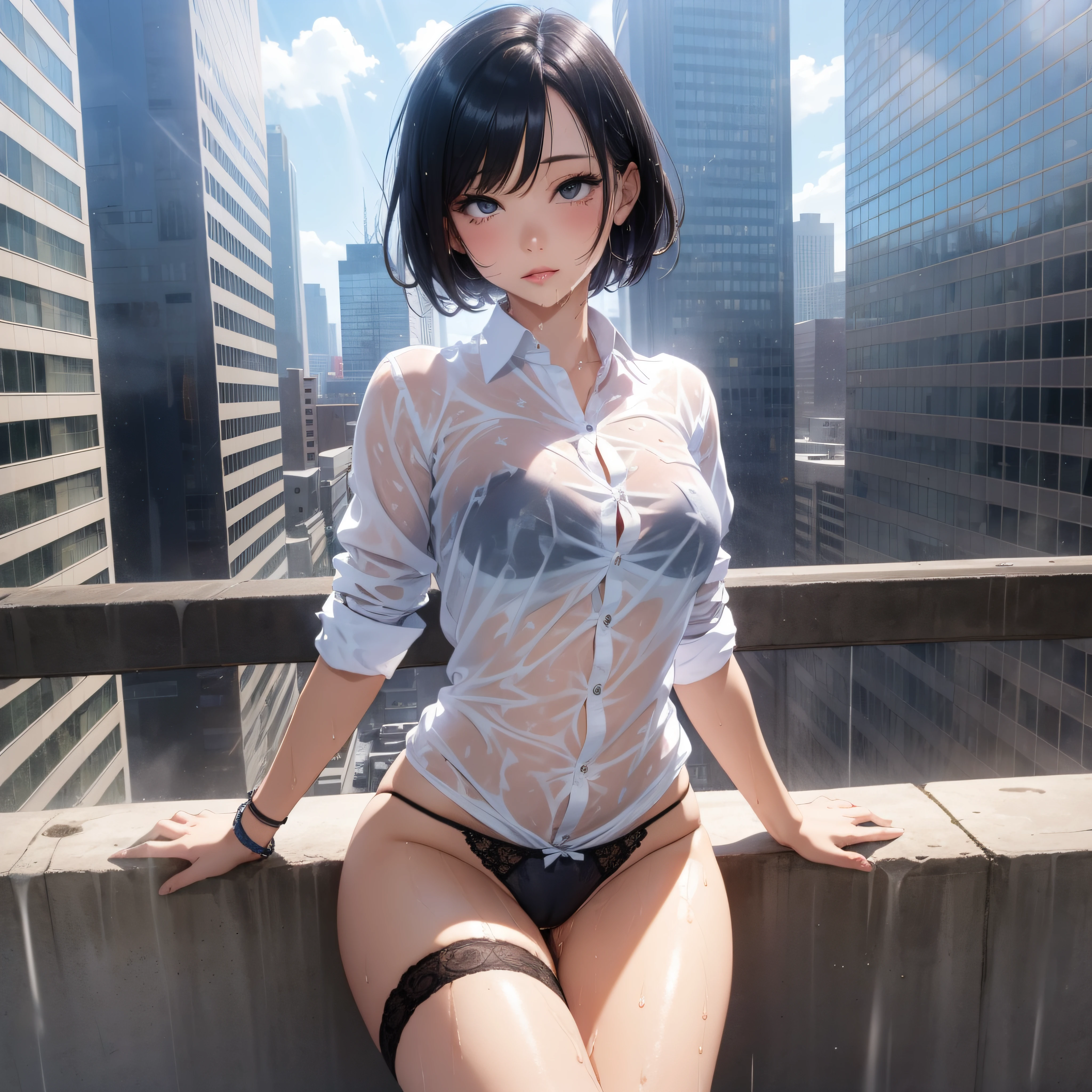 Woman dressed in white shirt, thoughtful look with very short black hair, light ray, beauty, hot , panties, sexy, wet, lying in the tower city, amazing light, straddle, blue sky, city skapes, futures, ahegao, fucked on vital.