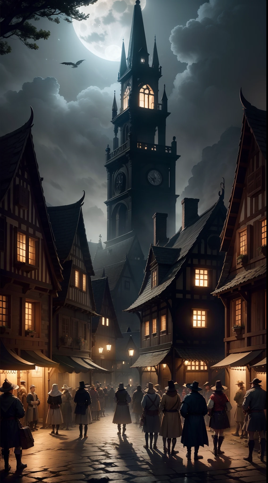 angry villagers gather in the center of town, it's night time, dark, fog, full moon,1600s