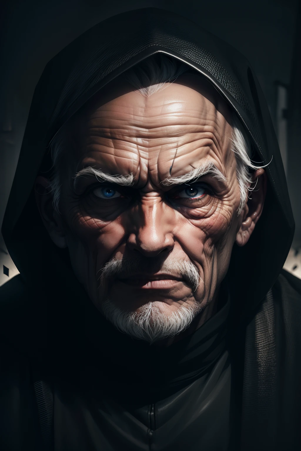 old man with a black hood in the dark of the night, image of the face very close, rich in details with a sinister and evil look