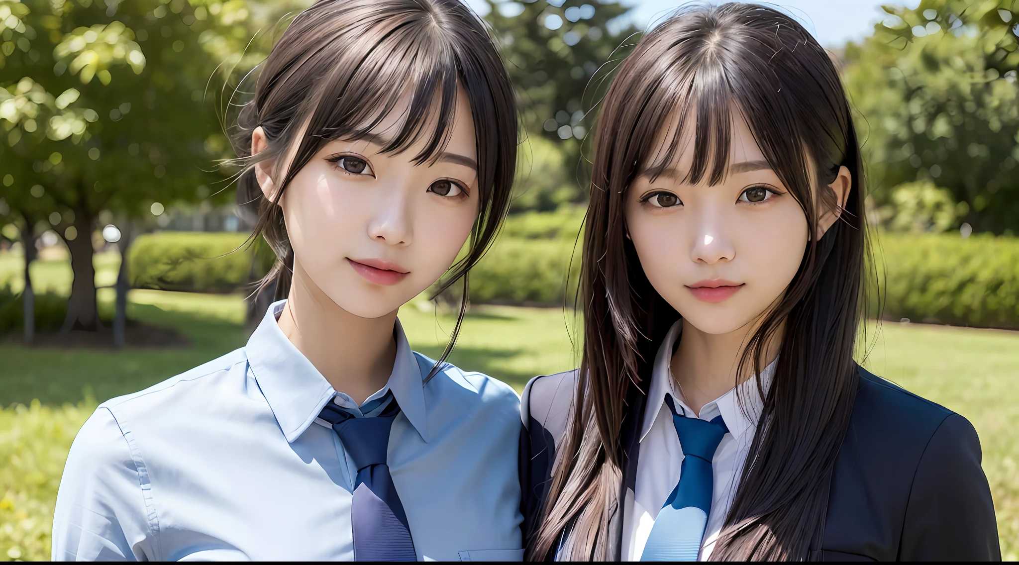 女の子1人、Women around 24 years old、garments(Y shirt、neck tie)、A dark-haired、a picture、realisticlying、top-quality、adopt、A detailed face、Beautiful bar、细致背景、diffuse sunlight、depth of fields、独奏