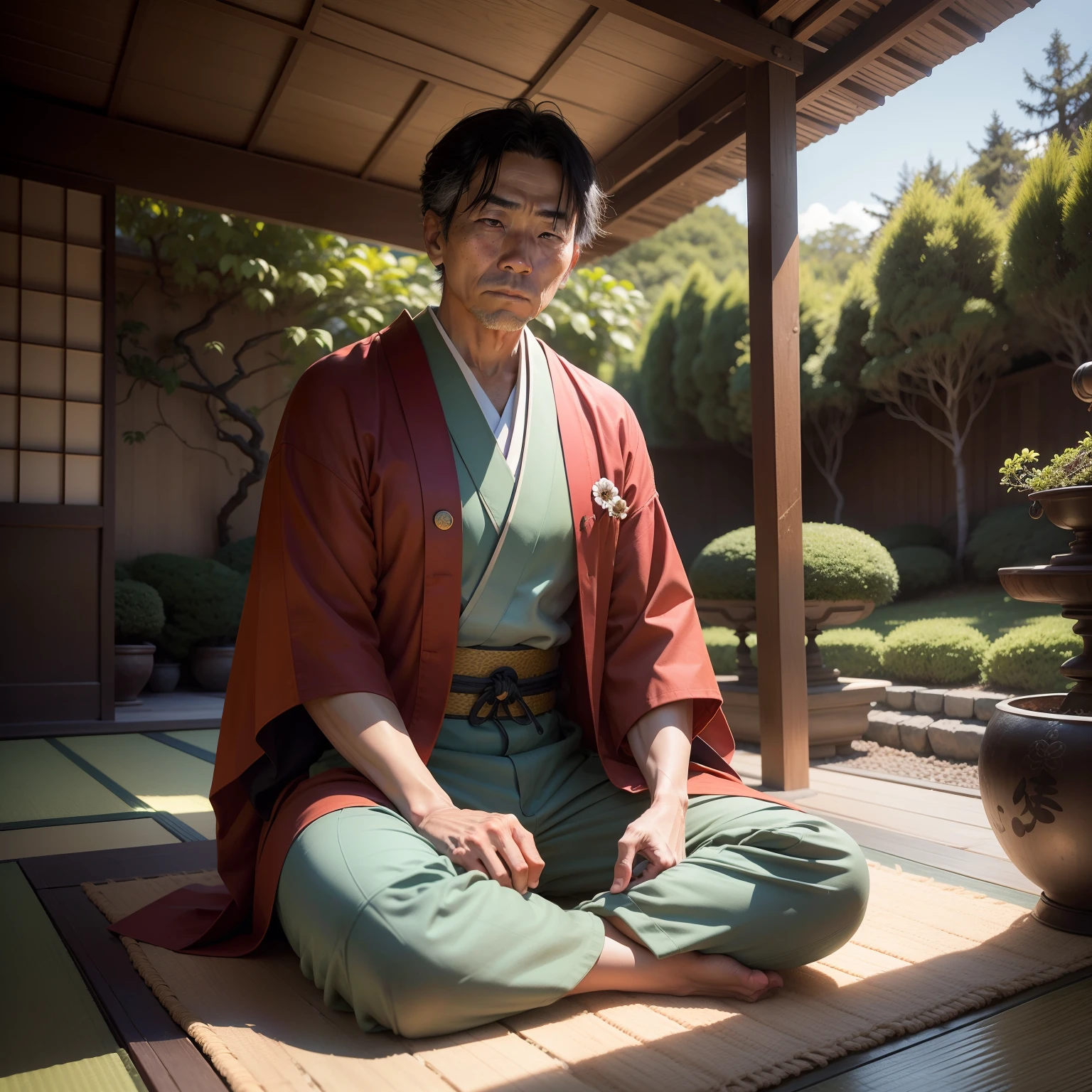 old japonese man, vestindo quimono escuro e cinza antigo, sentado no gramado de um jardim, cercado por plantas e flores no alto de uma montanha, In front of the Japanese is a -yeld As man, wearing dirty pants and kimono, (the 2 men are talking) meditando, Expressionismo, realismo, contemporary art, Realistic texture