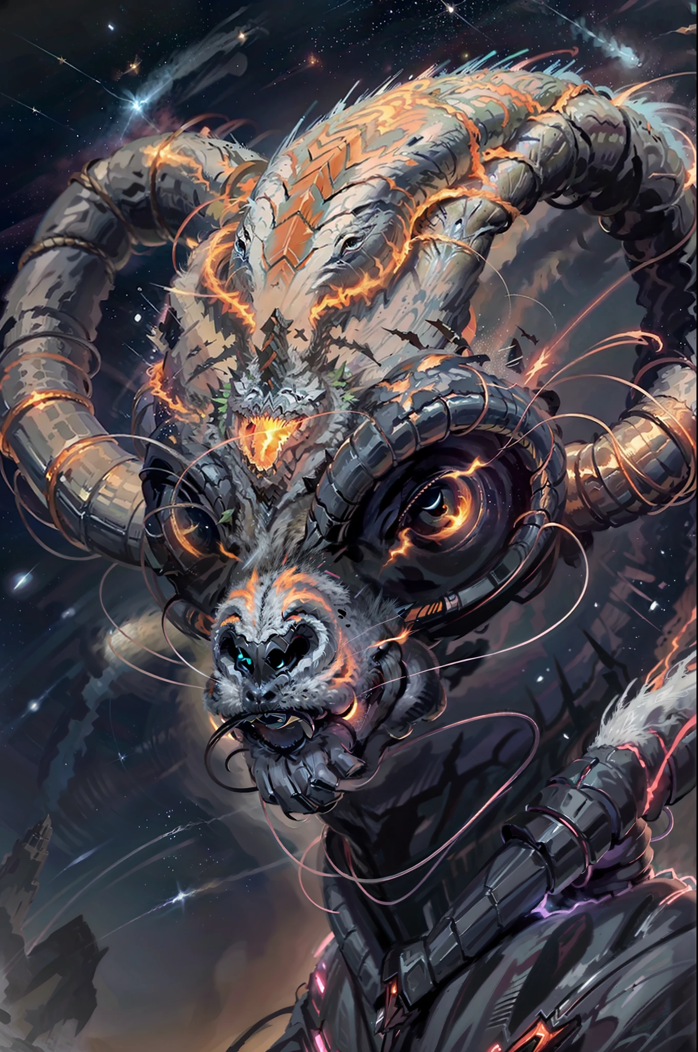 Portrait of an alien creature,space ship,Oversized creatures,Super strong,Evil appearance,grim eyes,(Goat's head:1.2)The background is the cosmos overlooking the Earth's atmosphere:1.2,Surrounded by lightning and thunder,Dark and terrifying outer space creatures,extraterrestial,