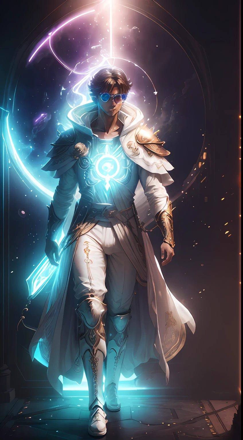 (8k), Ultra resolution 8K, Stunning illustration of a splendid celestial, Ethereal hero , Warrior Prince,, gafas cyberpunk, Cosmic glasses, Flowing luminous white tunic suit , saliendo de un portal, (Time machine in your hand: 1.7)cinematic lighting