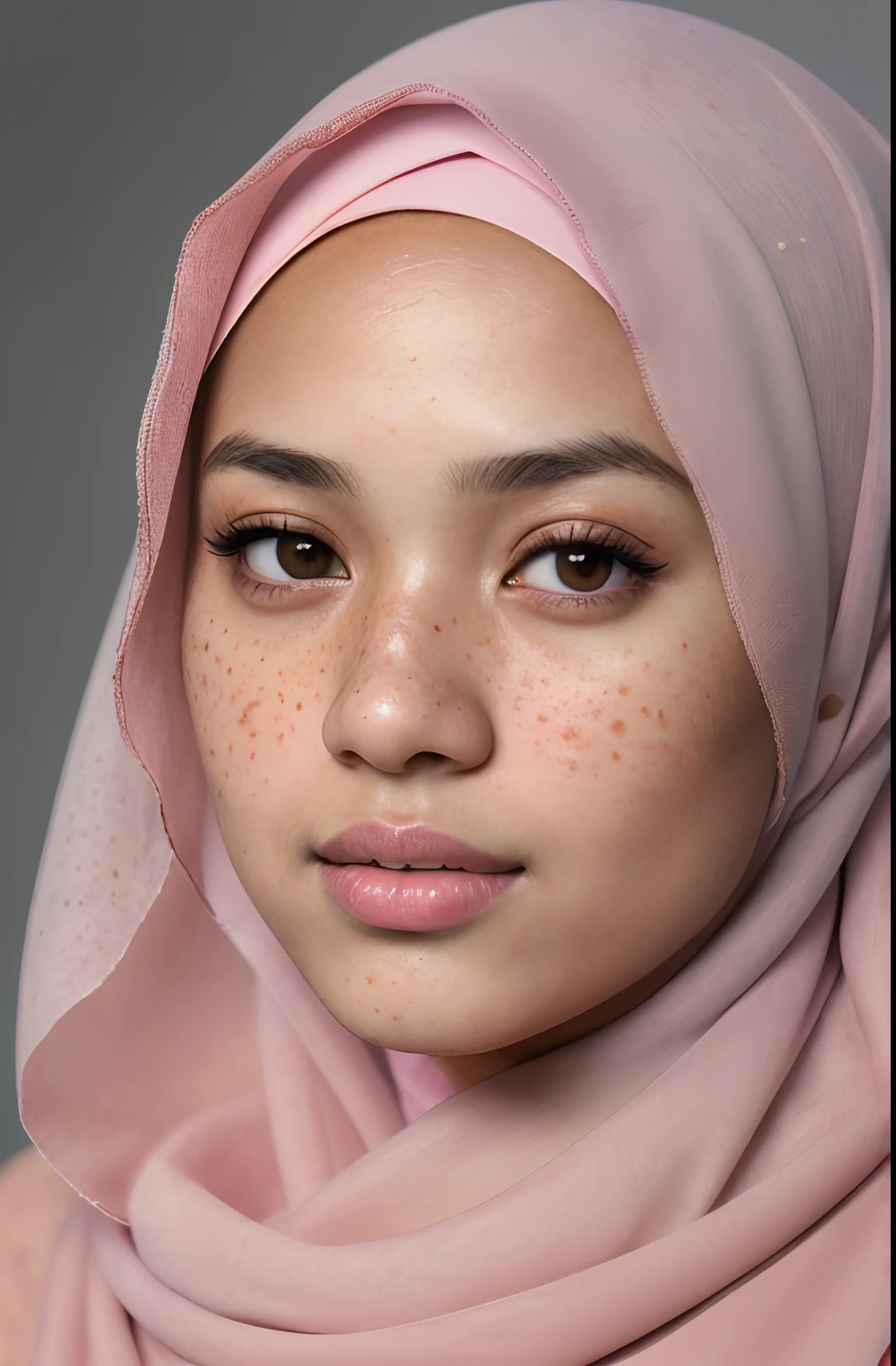 a photo portrait of a beautiful malay girl with hijab and few freckles, (plain pastel pink hijab), (face portrait:1.3), dramatic light , Rembrandt lighting scheme, (hyperrealism:1.2), (8K UHD:1.2), (photorealistic:1.2), shot with Canon EOS 5D Mark IV, detailed face, detailed skin texture