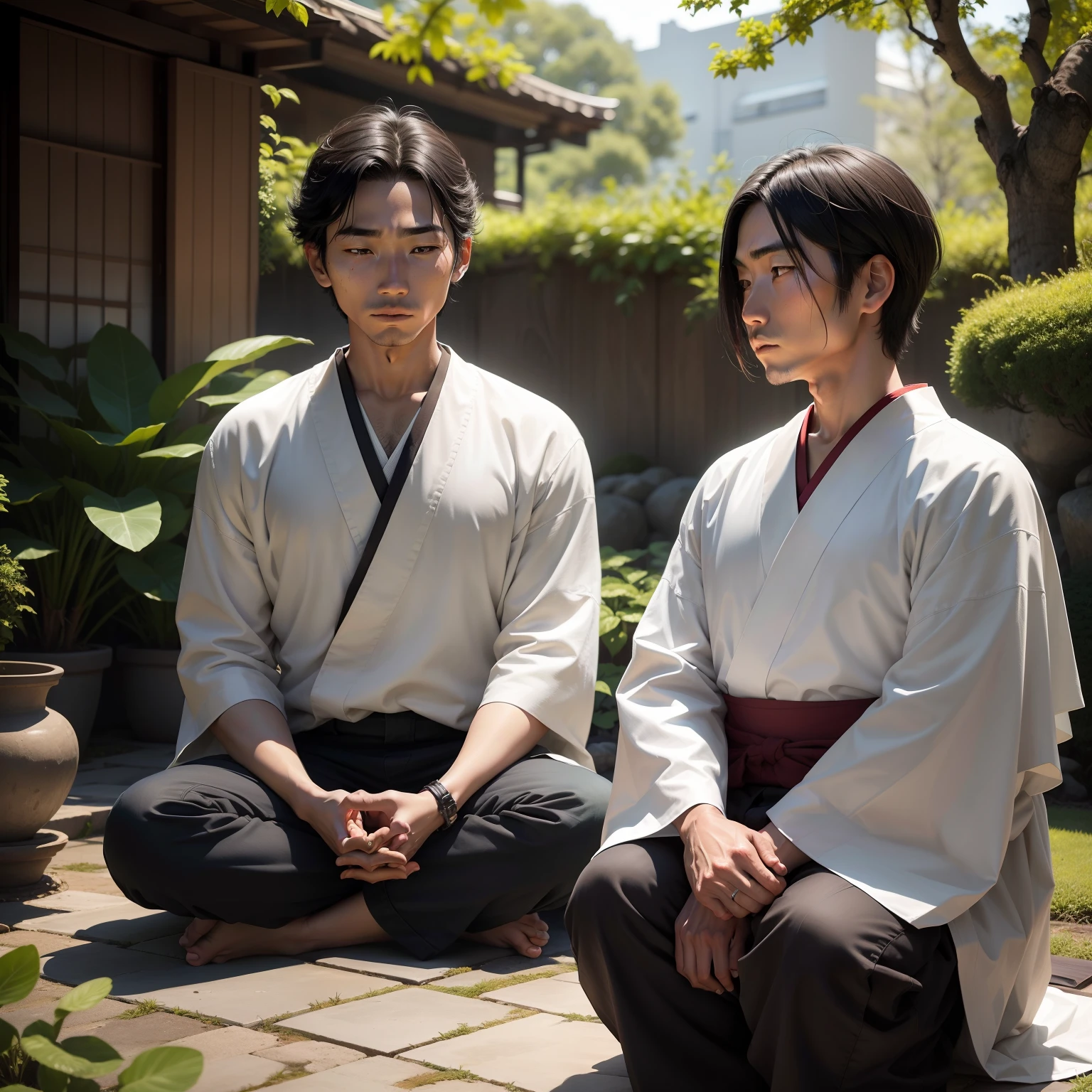 old japonese man, vestindo quimono escuro e cinza antigo, sentado no gramado de um jardim, cercado por plantas e flores no alto de uma montanha, In front of the Japanese is a 15-year-old Asian man, wearing dirty pants and kimono, (the 2 men are talking) meditando, Expressionismo, realismo, contemporary art, Realistic texture