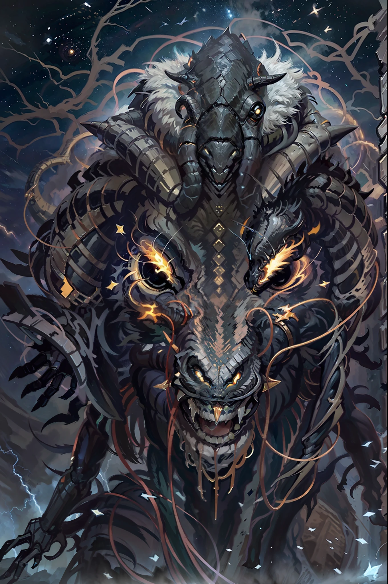 A portrait of an alien creature,space ship,Oversized creatures,Super strong,Evil appearance,grim eyes,(Goat's head:1.2)Surrounded by lightning and thunder,Dark and terrifying outer space creatures,extraterrestial,On the earth,