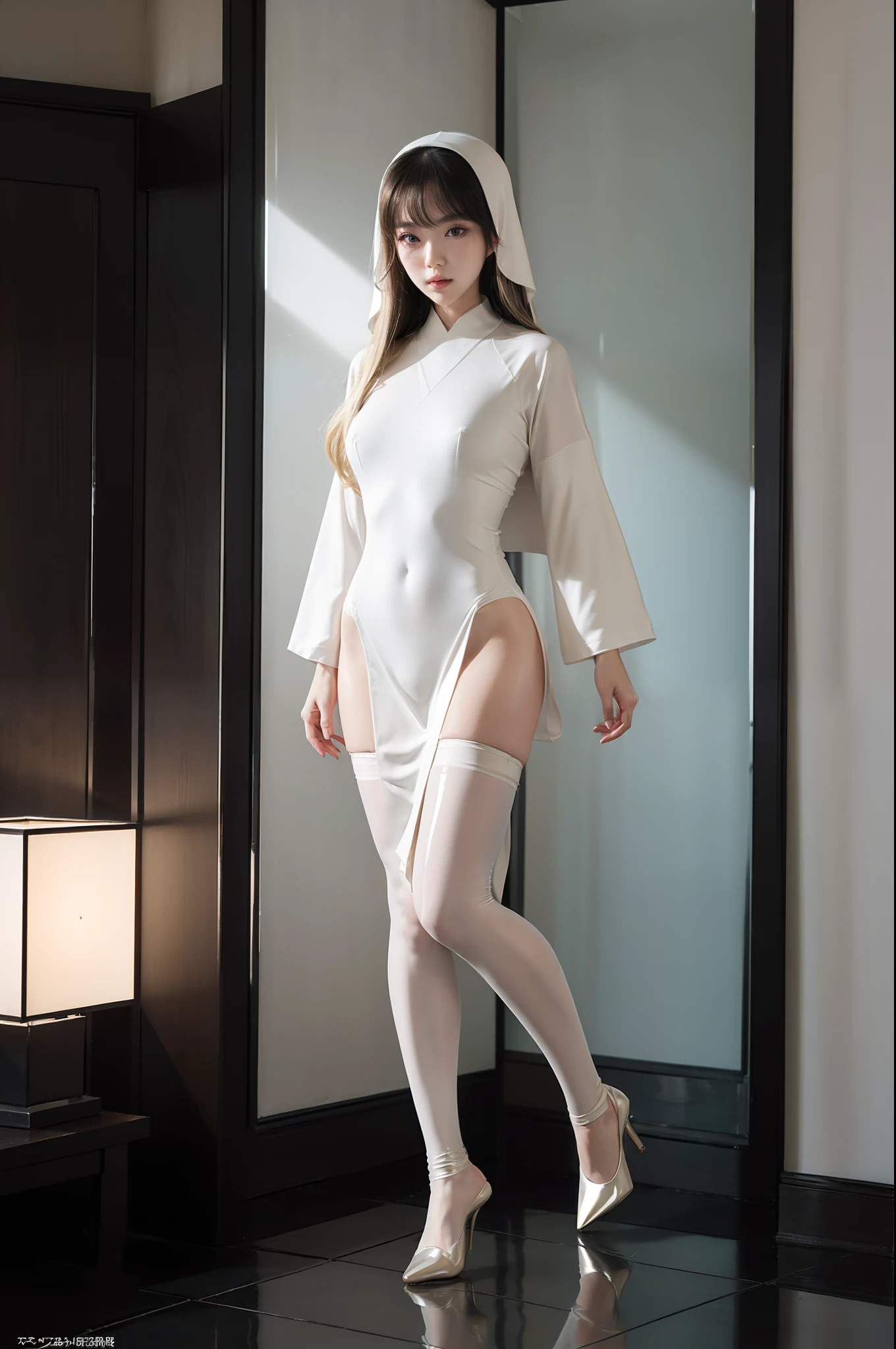 (full body:2),(1girl:1.3),(view the viewer:1.4),(anatomy correct:1.4),(pantyhose and pointed thick heels :1.3),(Dancing in the living room:1.2),(Japanese Nun suit:1.3),(Extra Long blonde Hair:1.2),(Accurate and perfect face:1.3),(Long legs and big feet:1.3),((((Skin reflection , Skin Gloss))):1.2),hyper HD, Ray traching, reflective light, structurally correct, Award-Awarded, high detail, lighten shade contrast, Face lighting ,cinematic lighting, masterpiece, super detailing, high quality, high detail, best quality, 16k,High contrast,