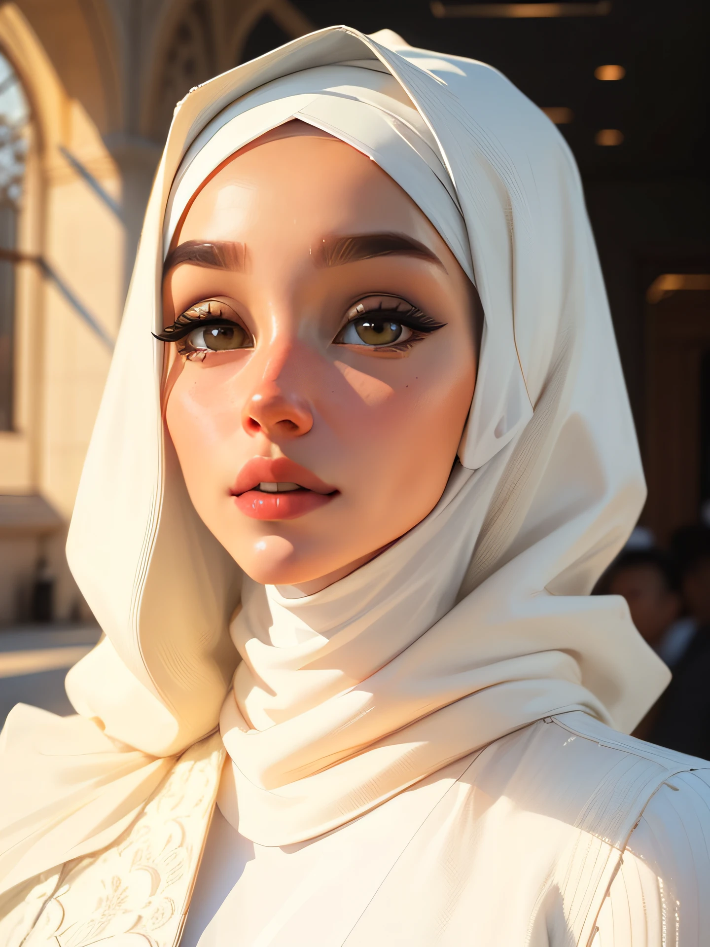 A beautiful young blushing hijabi woman, wearing a black hijab.