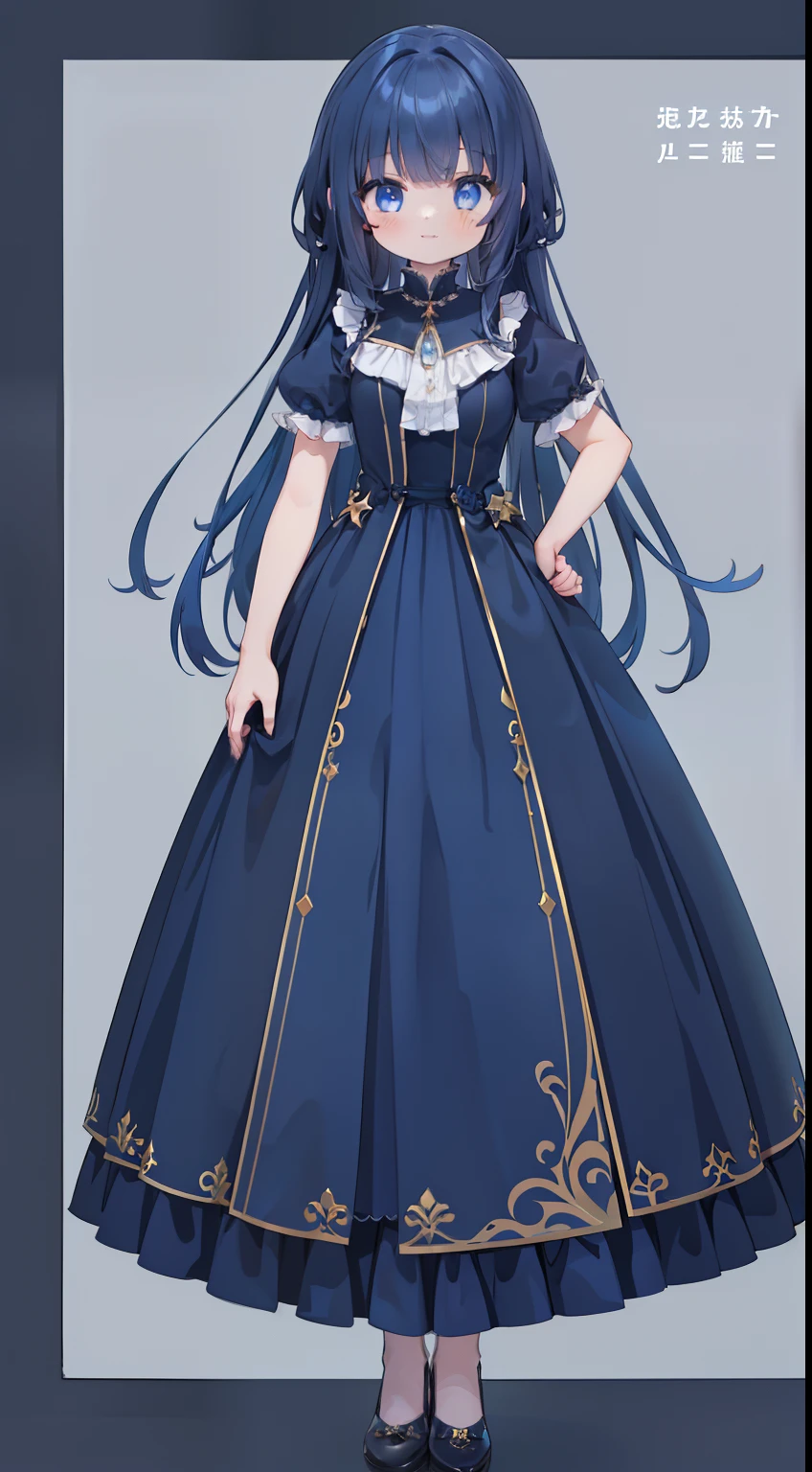one girls、((full bodyesbian、Standing picture))、Ultramarine hair、Longhaire、Light blue eyes、Dark blue dress with ruffles、dress with many ruffles、Dark blue dress、Standing picture、full body Esbian、(Smile generously)、Hands on hips、beautiful foot、(High resolution of the highest quality)、((masterpiece best quality:1.2)), [[Bad face]], [[Fused fingers]]